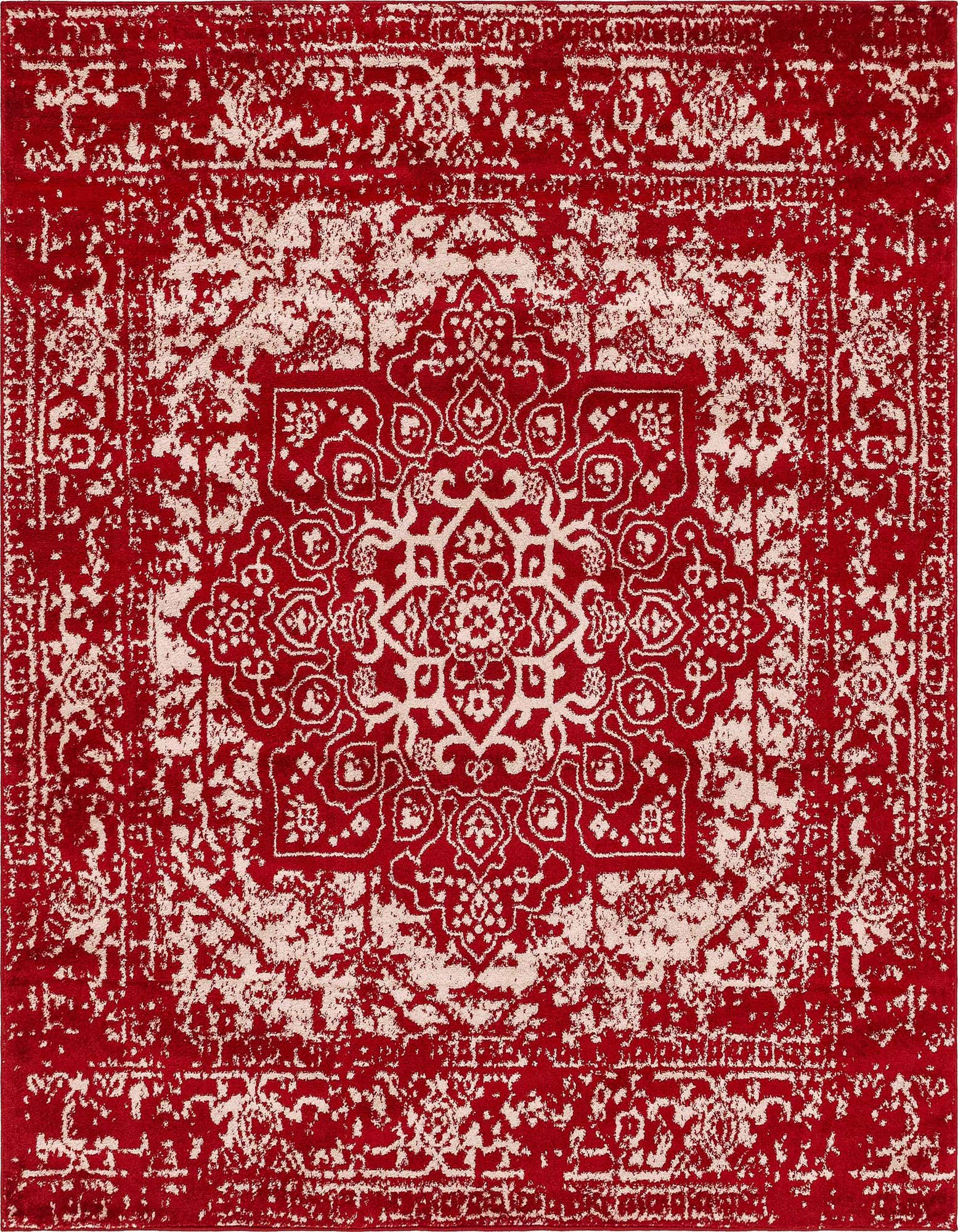 A square 7' 10 x 7' 10 red area rug with a distressed white traditional medallion pattern, ideal for an indoor living space.