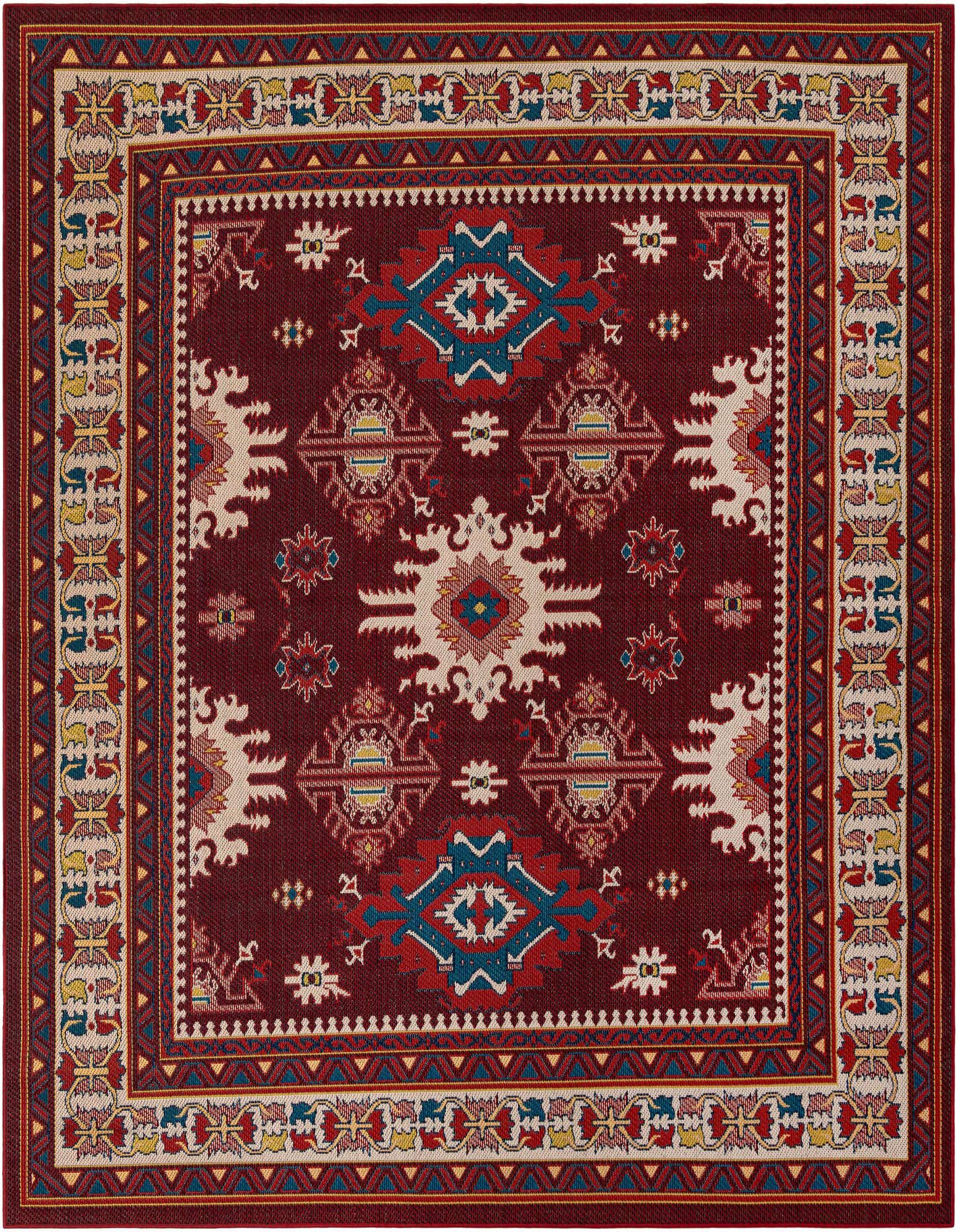 A 10'x10' square Baja Outdoor rug featuring a rich red background with intricate traditional patterns in cream, blue, and yellow, ideal for a patio.