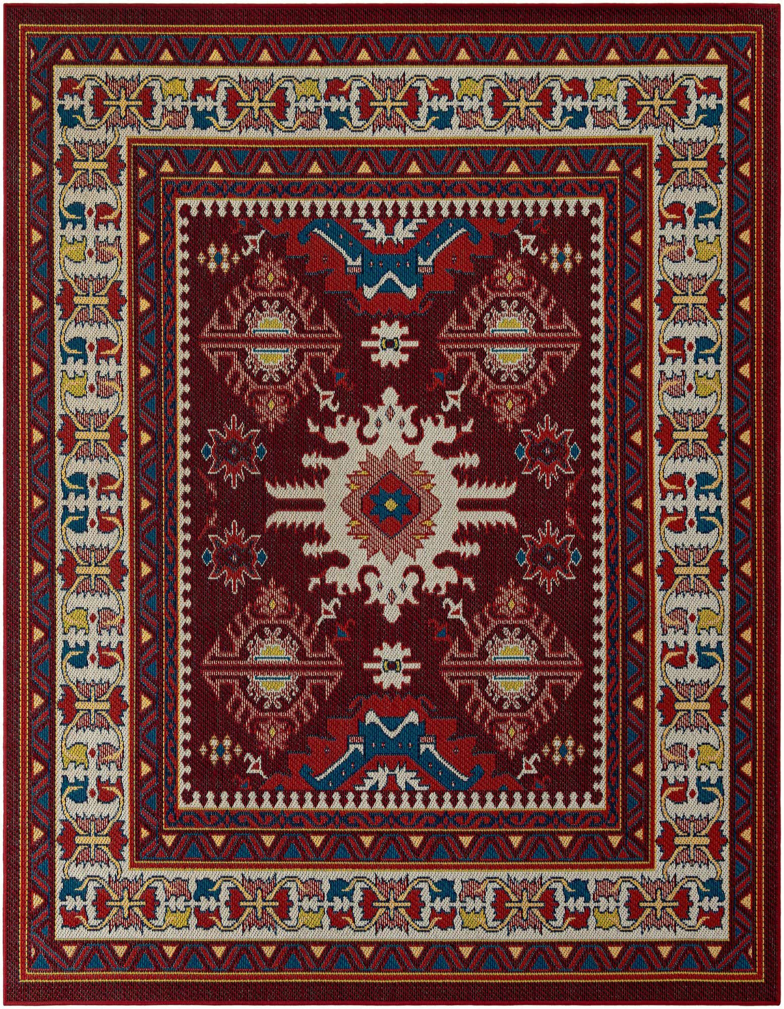 A 7' 10 x 7' 10 square Baja Outdoor rug featuring a rich red background with a central medallion and intricate traditional patterns in blue, yellow, and cream, ideal for a patio.