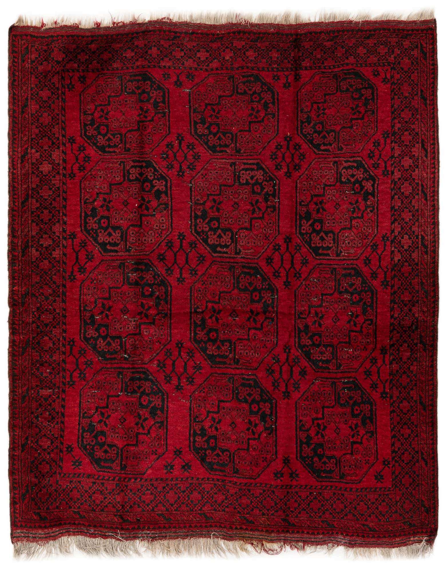 A square 6' 6 x 7' 0 Balouch wool rug featuring a traditional tribal pattern of black medallions on a deep red background.