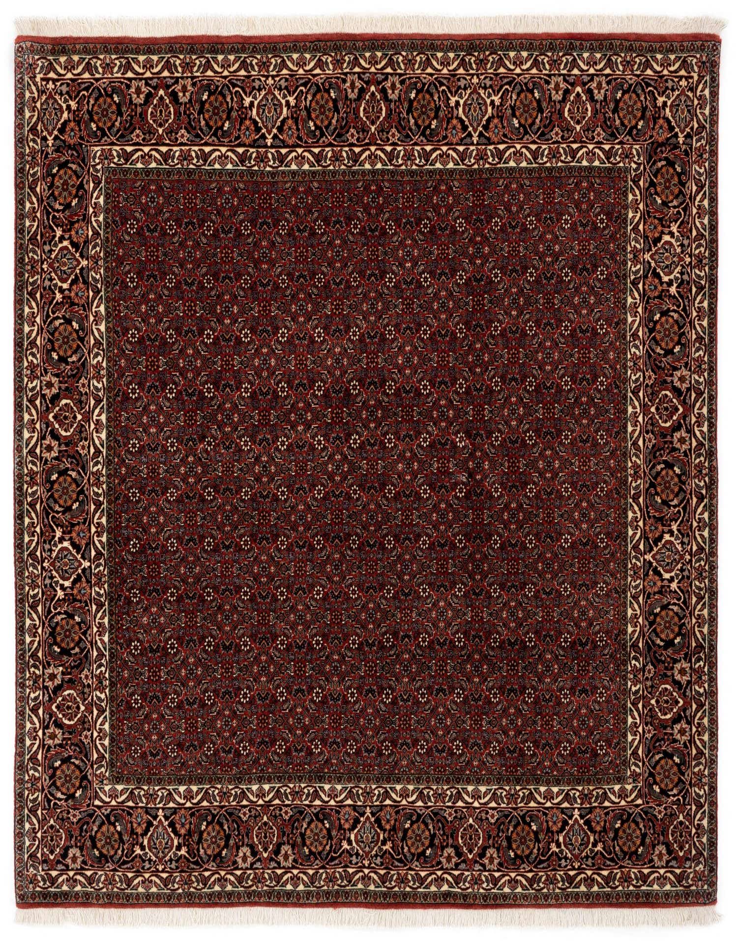 A 6' 4 x 6' 10 square red Persian rug with intricate floral and medallion patterns in black, cream, and brown, featuring a decorative border and fringed edges.