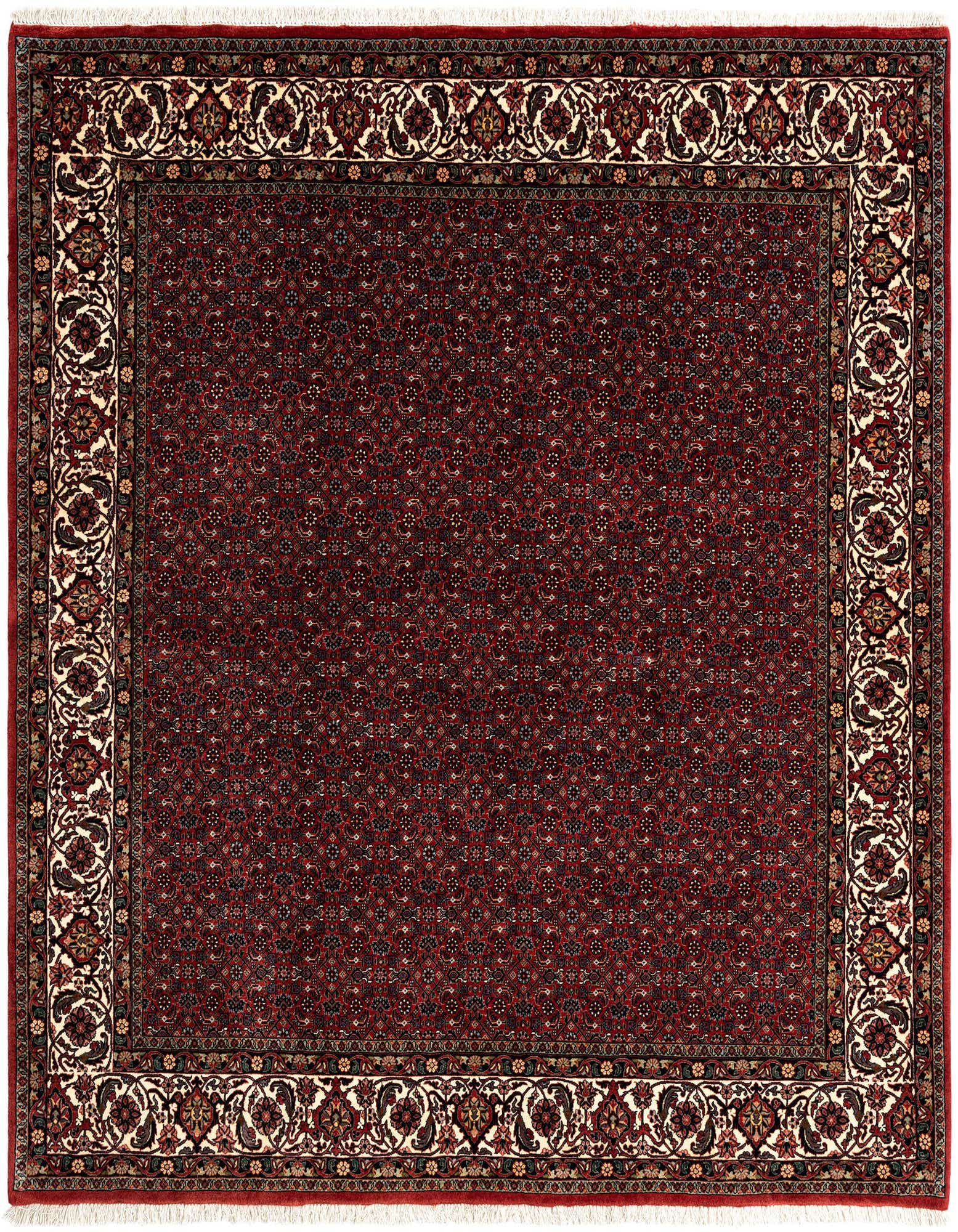 A 6' 9 x 6' 10 square red Persian rug with intricate floral patterns and a cream border, featuring a medium pile.