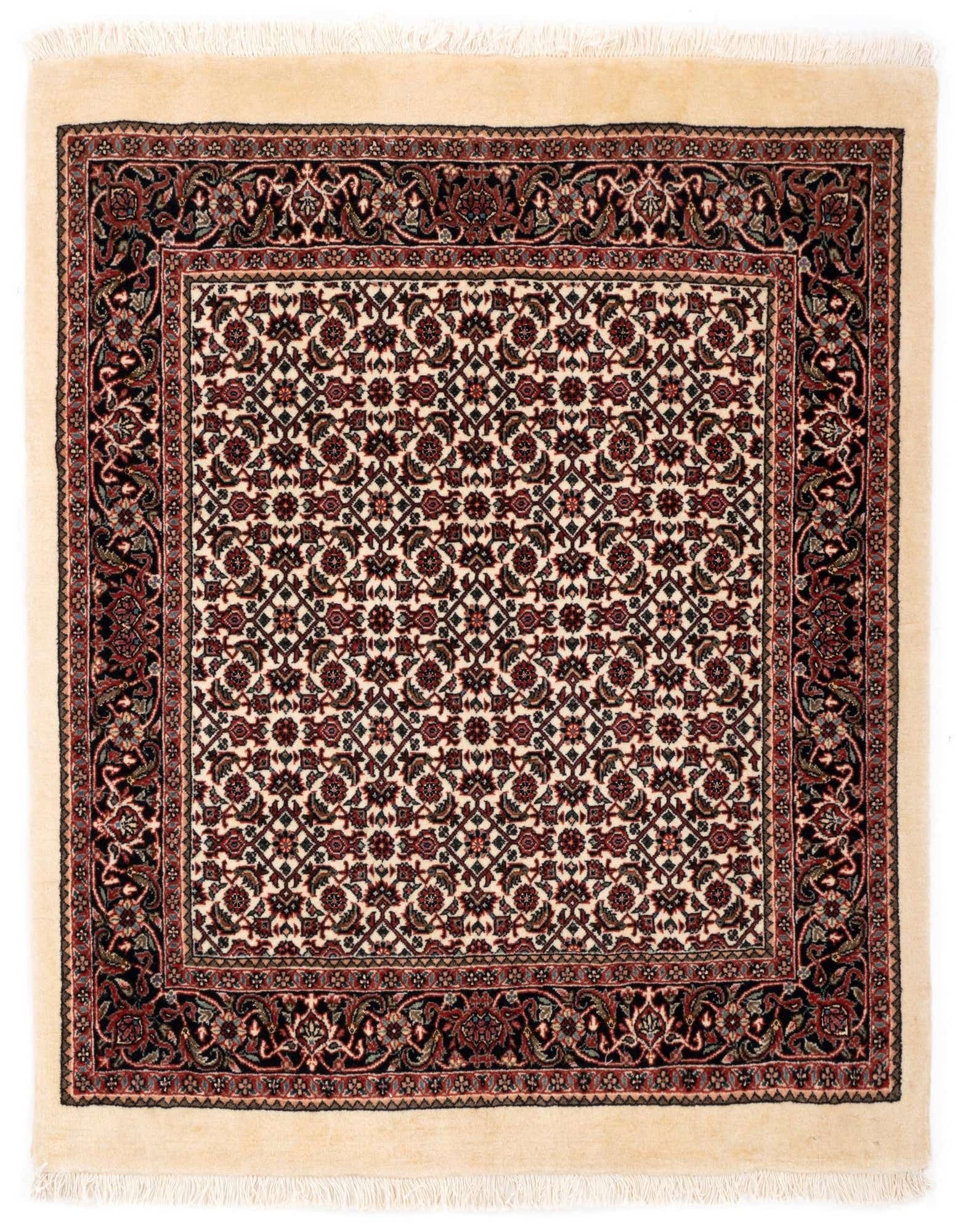A 3' 2 x 3' 7 square Bidjar With Silk rug featuring a cream field with intricate red and black floral patterns, bordered by a wide, dark red and black traditional design, with cream fringe.