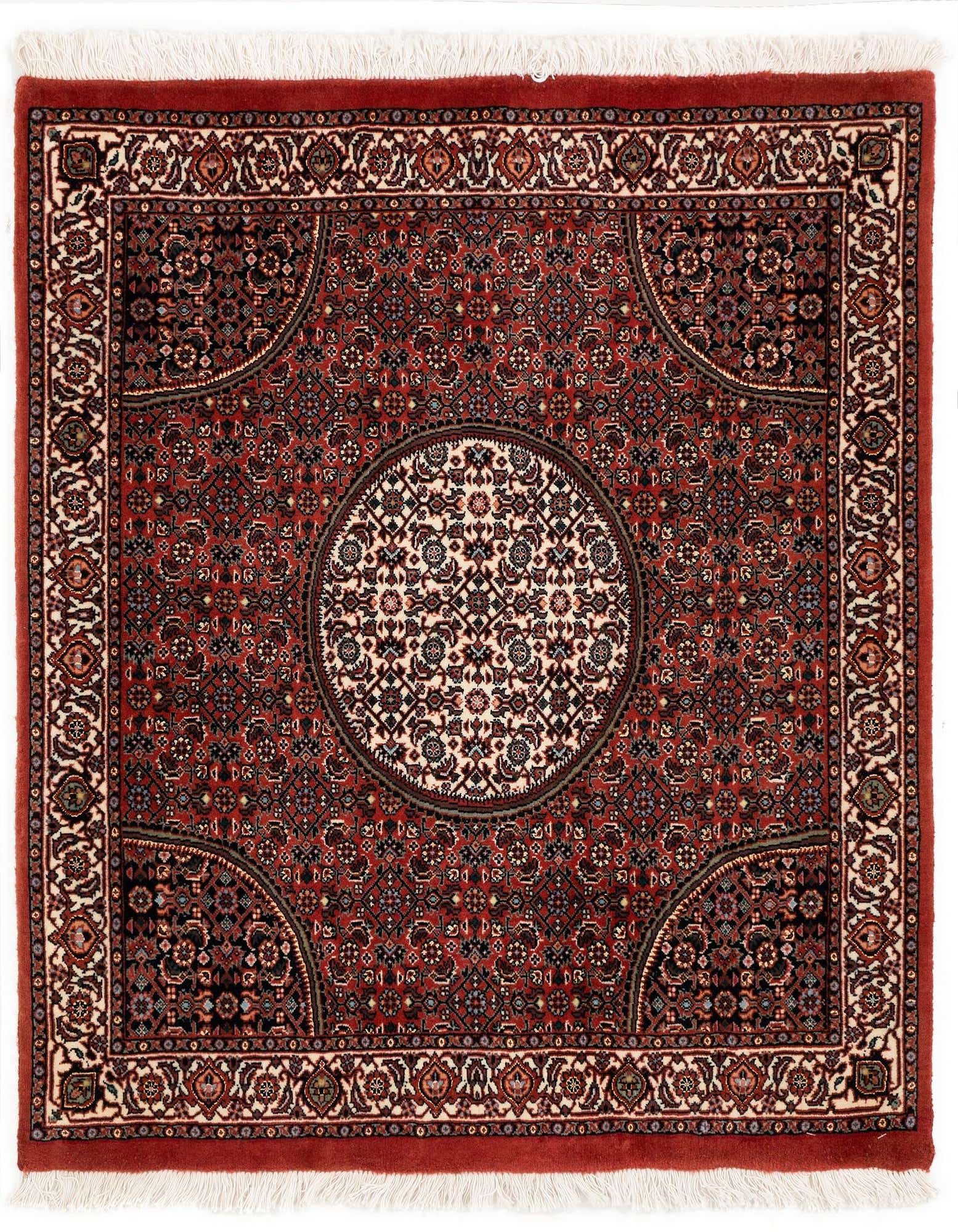 A square Bidjar With Silk rug, 3' 3 x 3' 5, featuring a rich red background with intricate traditional patterns in black, cream, and blue, centered by a cream medallion.