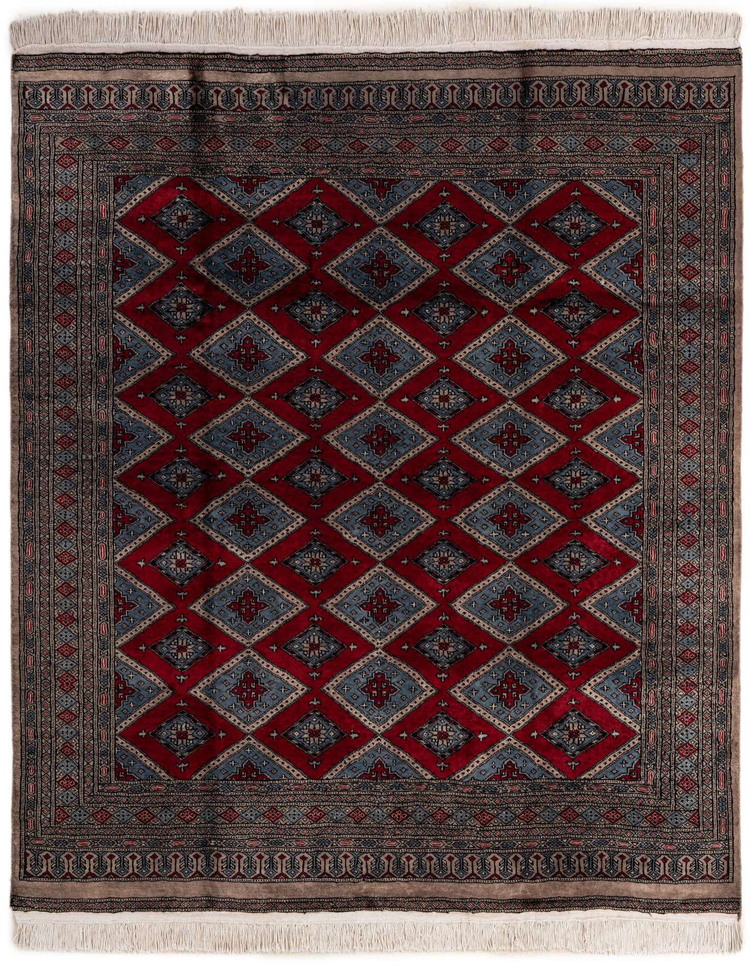 A square 5' 7 x 6' 3 Bokhara rug featuring a traditional tribal pattern of red and blue diamonds with intricate details, bordered by a beige and blue design.