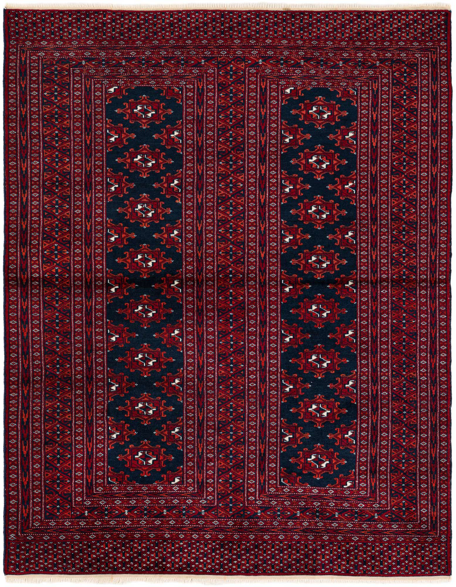 A 4'x4' square Bokhara rug featuring a traditional tribal pattern in deep reds and navy blue, with intricate geometric motifs and a thin pile.