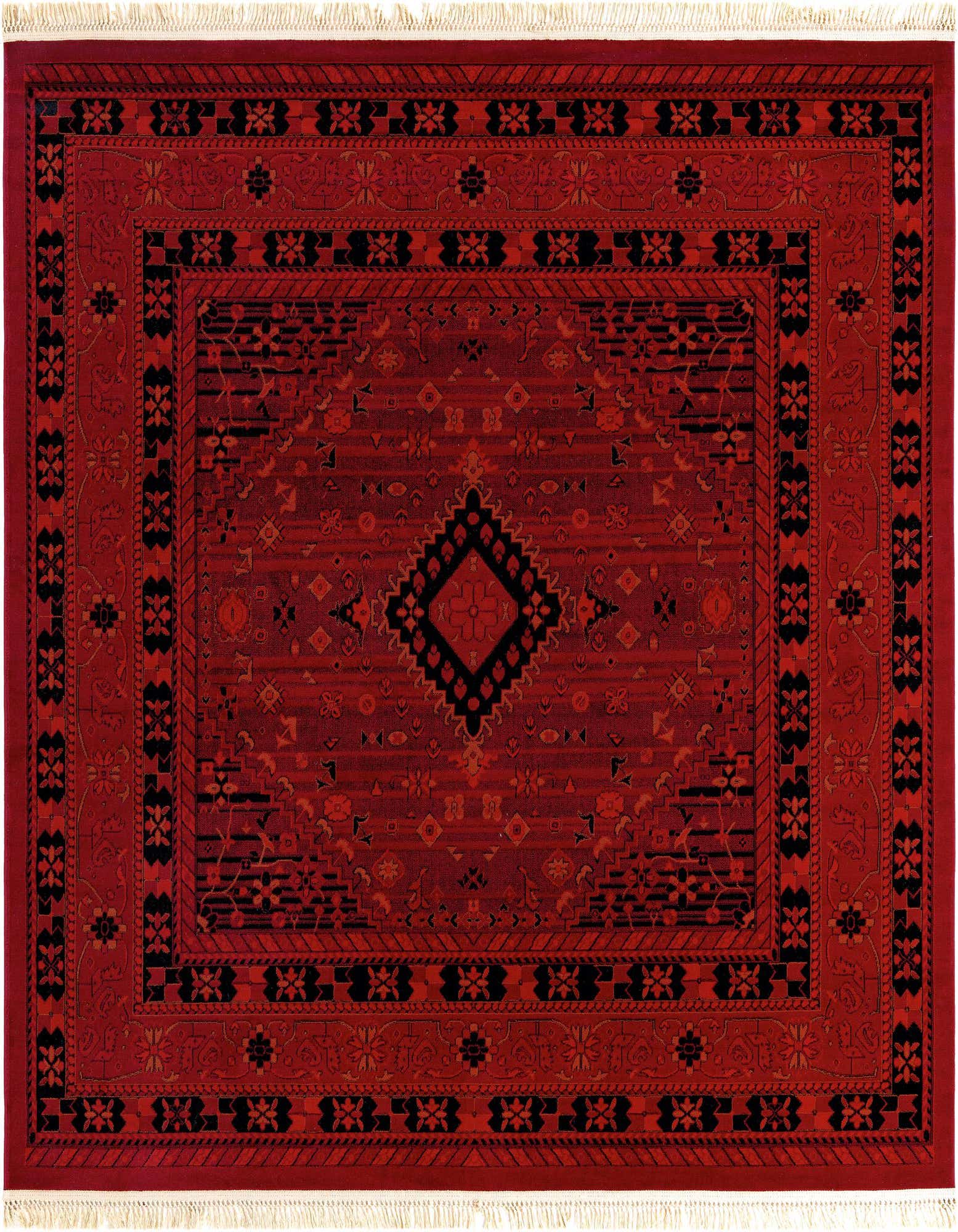A square 7' 10 x 7' 10 Bokhara rug in deep red with a central black medallion and intricate tribal patterns.