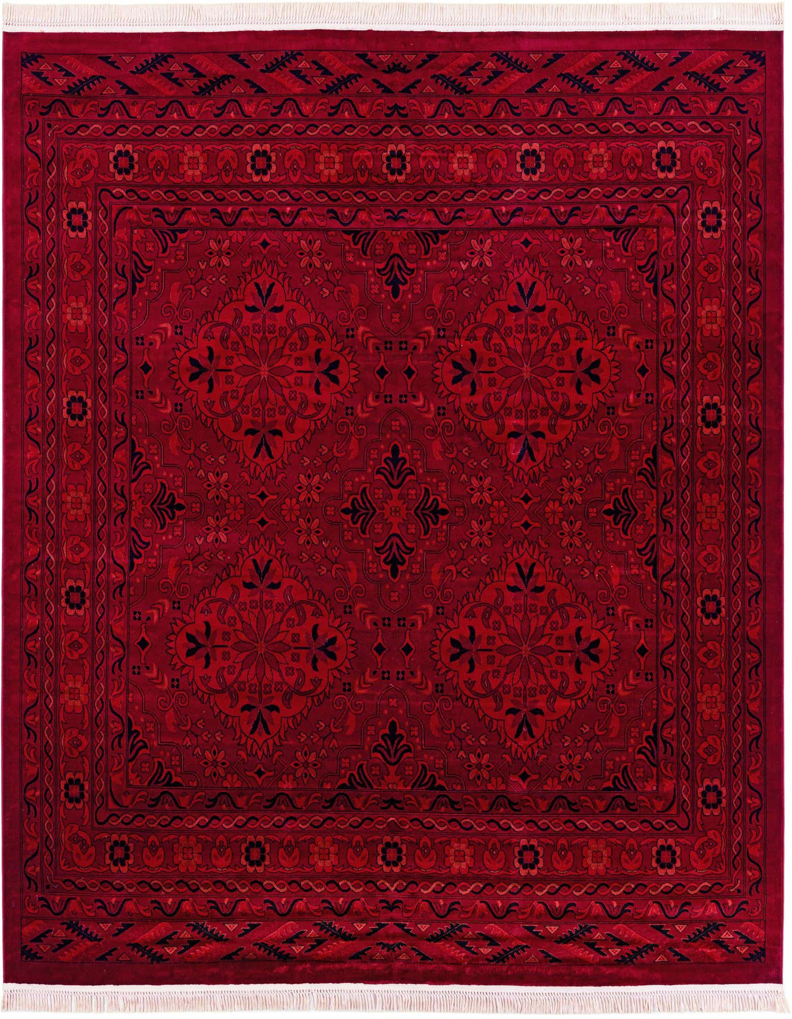 A 10' 0 x 10' 0 square Bokhara rug in deep red with intricate black traditional medallion and tribal patterns, featuring white fringe.