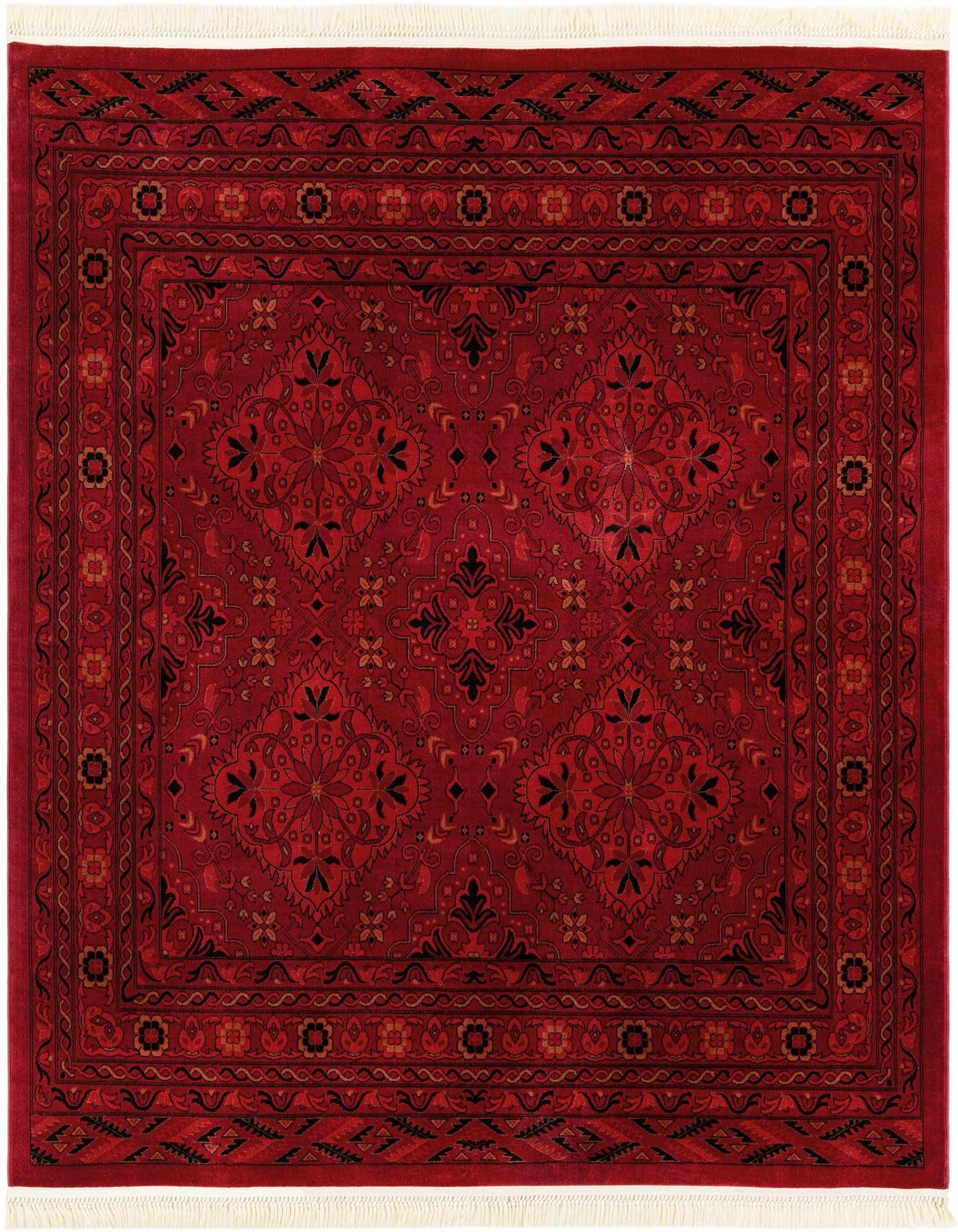 A 7' 10 x 7' 10 square Bokhara rug in rich reds with intricate black and gold traditional medallion and tribal patterns, featuring white fringe.