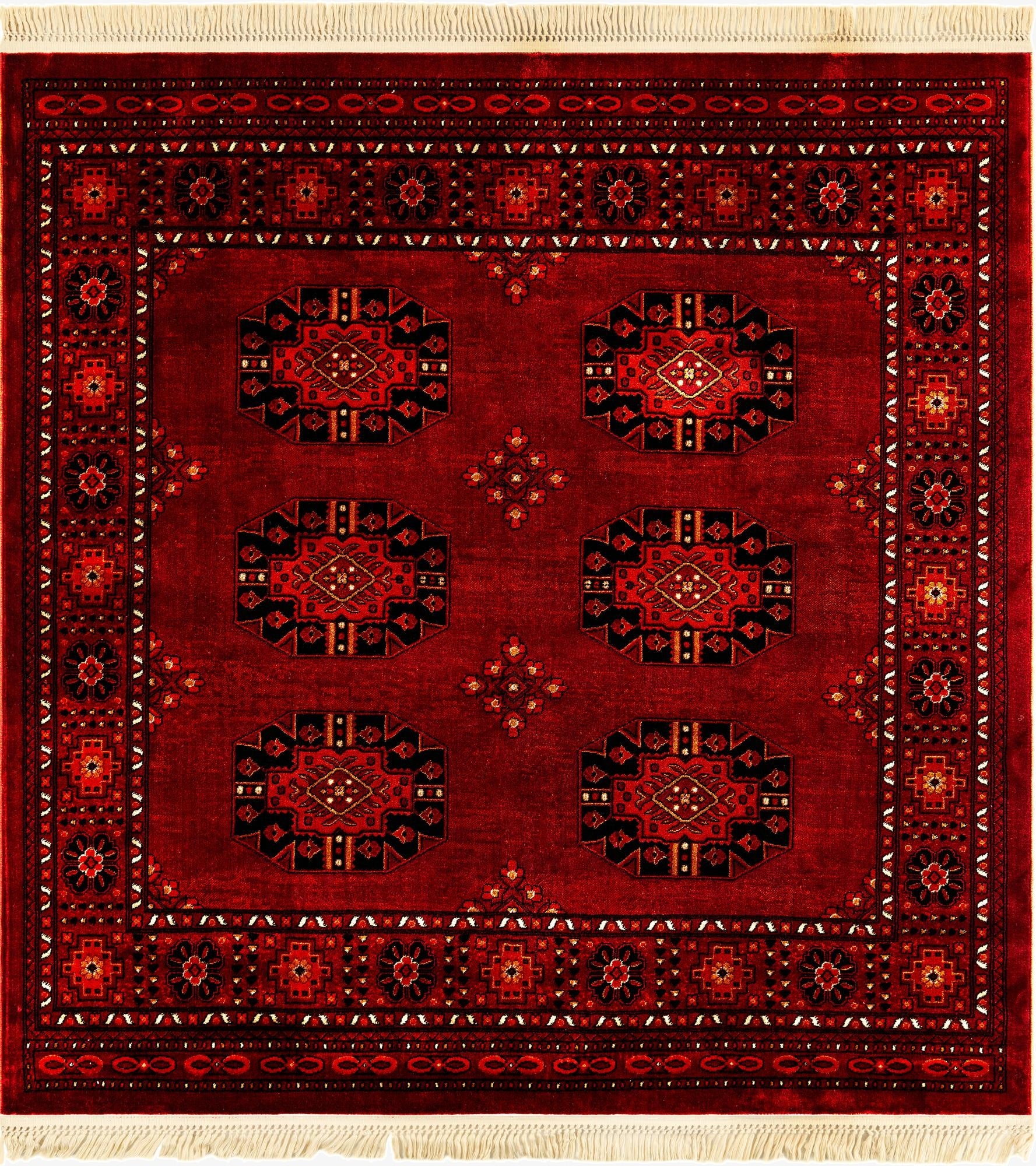 A 6' 1 x 6' 1 square red Bokhara rug with a traditional tribal medallion pattern and white fringe.