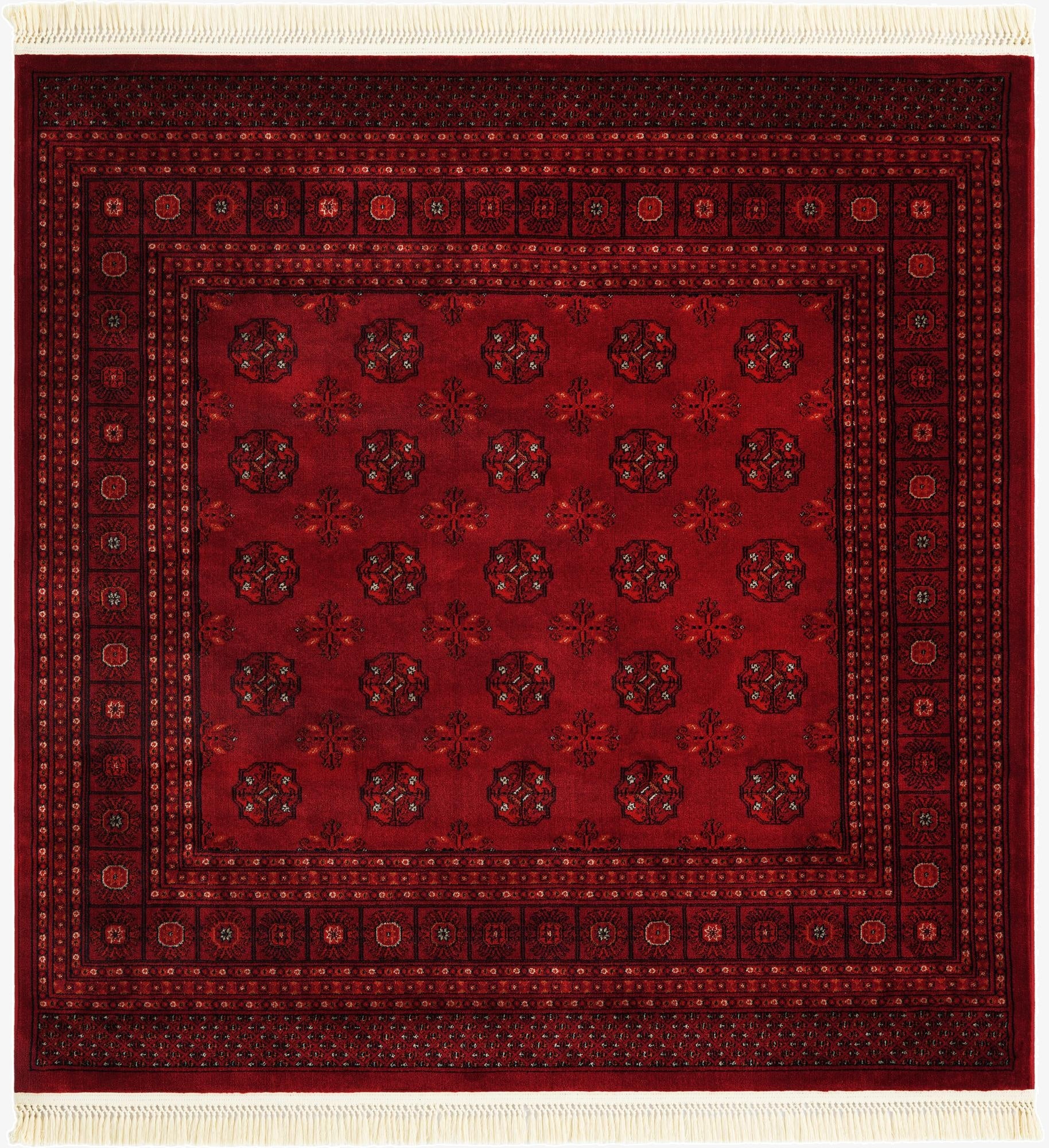 A 6'1" x 6'1" square Bokhara rug in deep red with a traditional medallion pattern and intricate tribal borders, featuring white fringe.