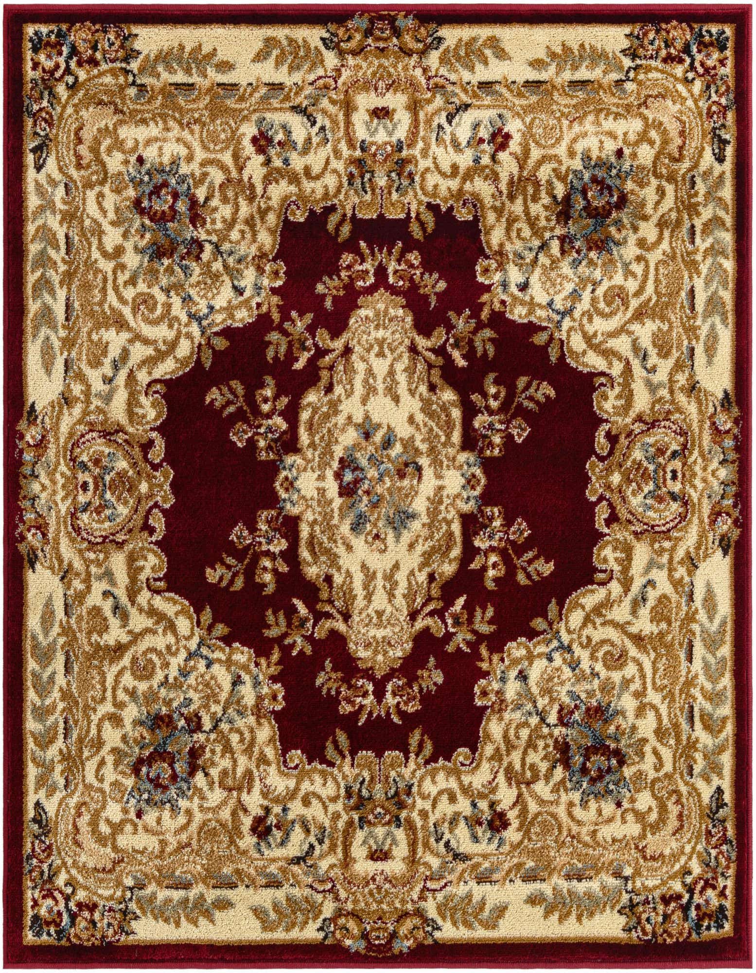 A 4'x4' square traditional red and beige rug with an ornate medallion pattern and floral accents.