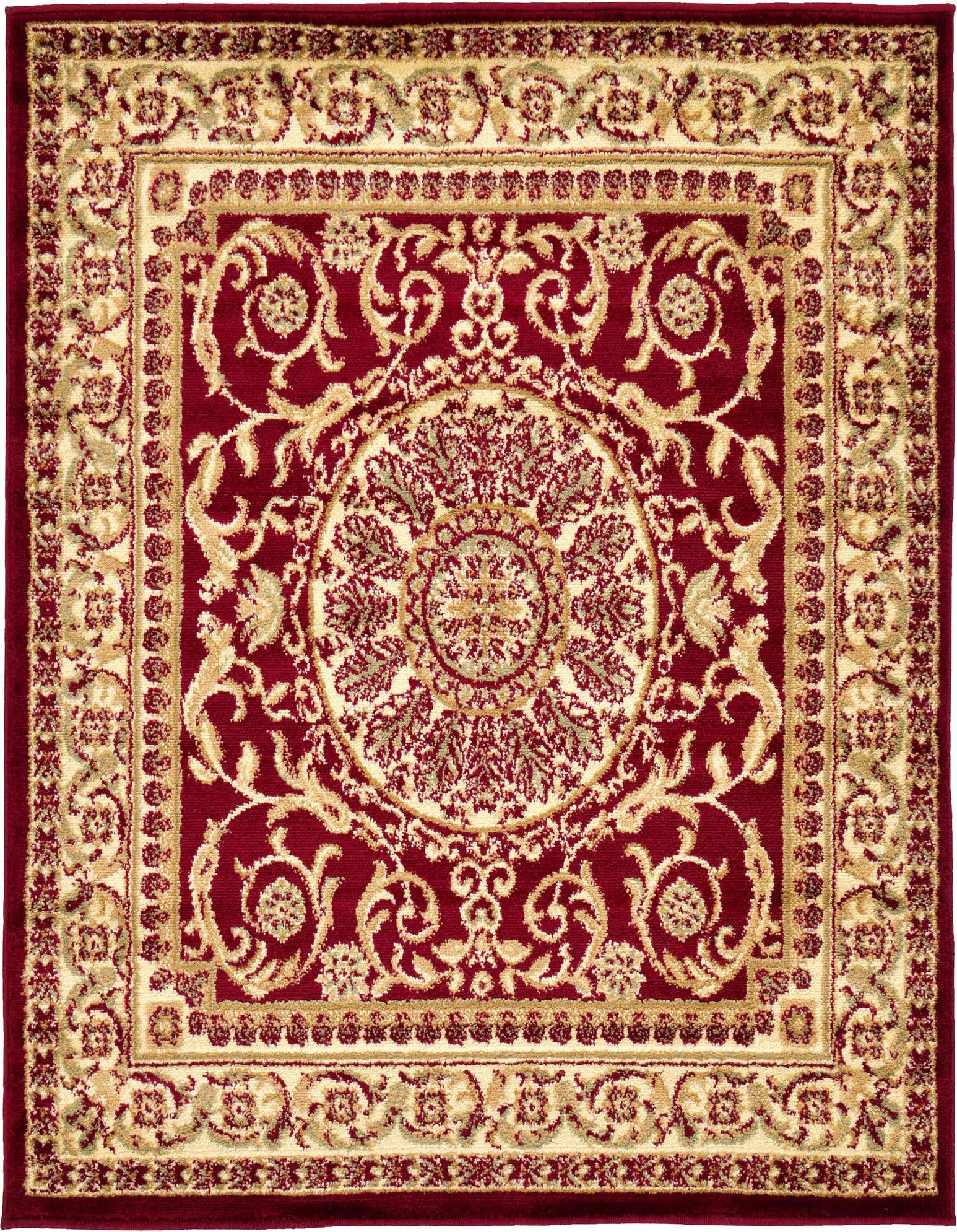 A 4'x4' square red traditional rug with an ornate cream and gold botanical medallion pattern.