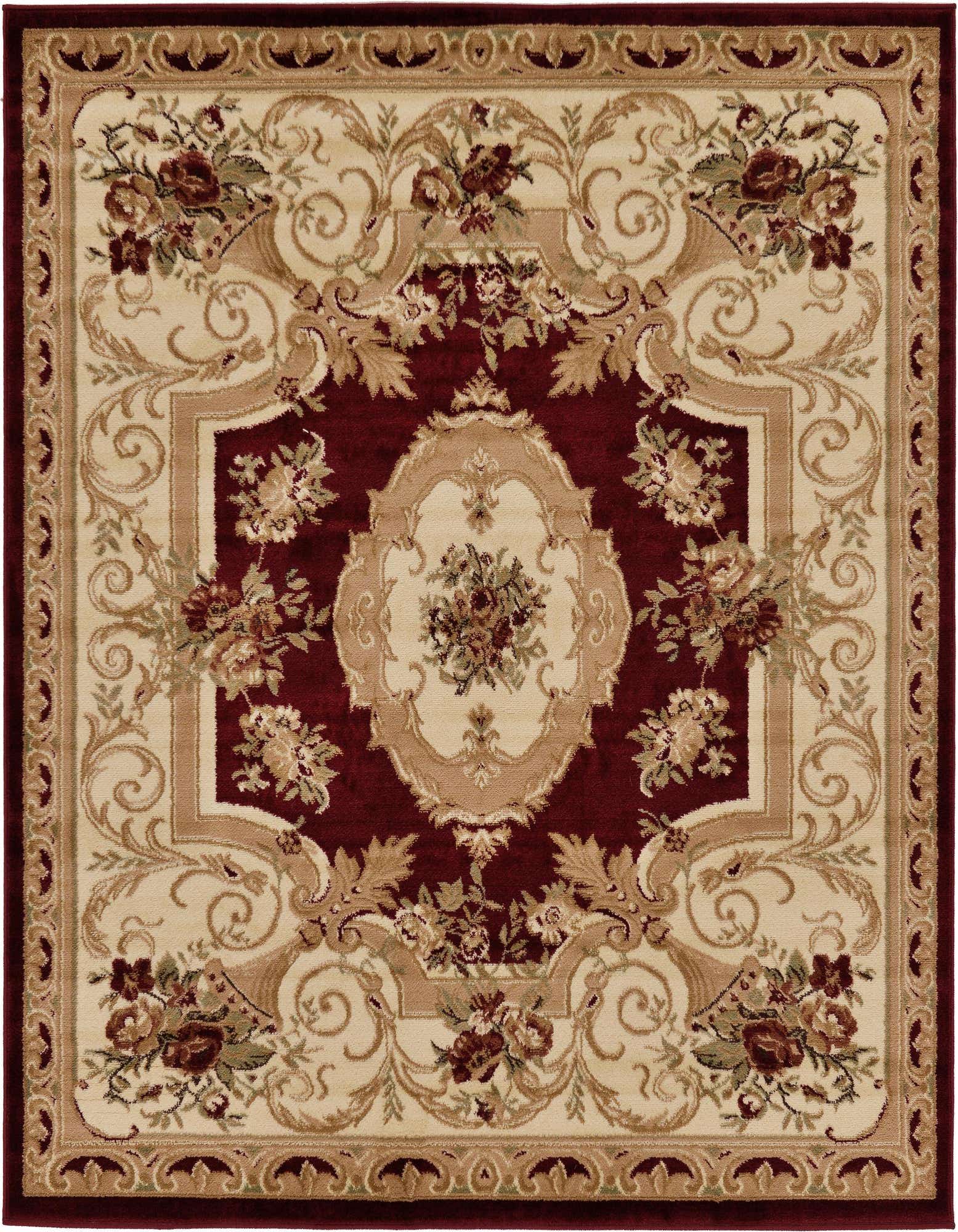 A 6'x6' square traditional red and beige rug with a central medallion and botanical floral patterns.