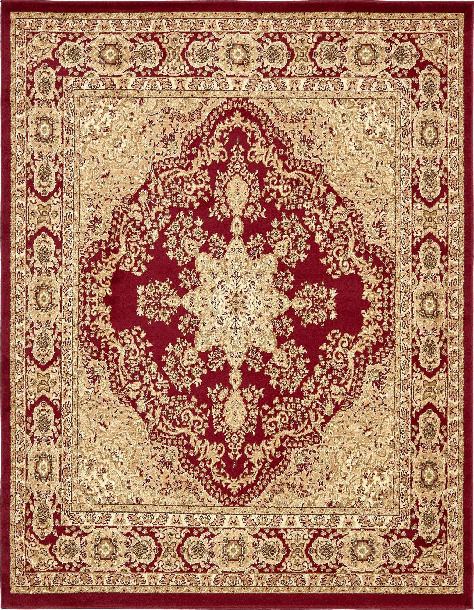 A 7' 10 x 7' 10 square Chateau Collection rug featuring a rich red field with an ornate gold botanical medallion and border.