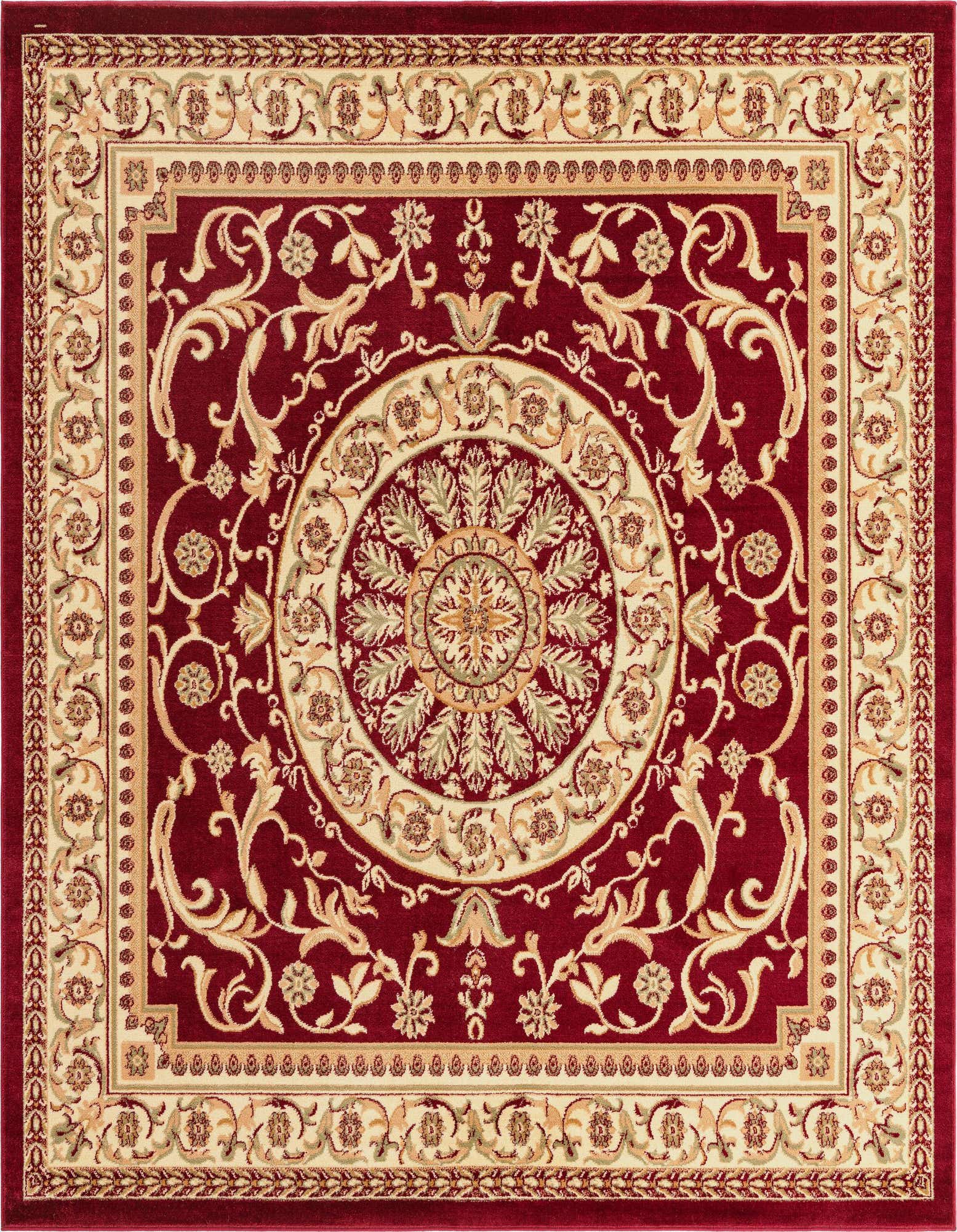 A 7' 10 x 7' 10 square red traditional rug with a cream medallion and botanical patterns.
