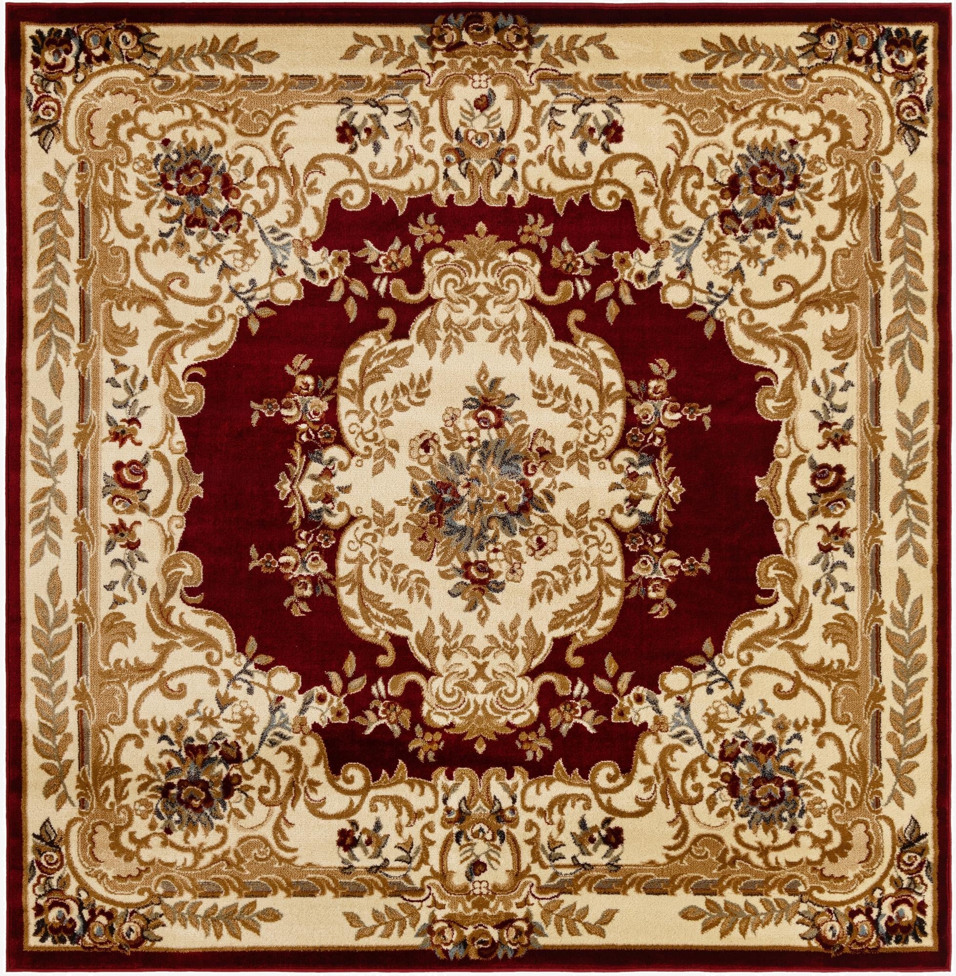A 7' 10 x 7' 10 square Chateau rug featuring a rich red medallion with intricate cream and gold traditional French floral patterns.