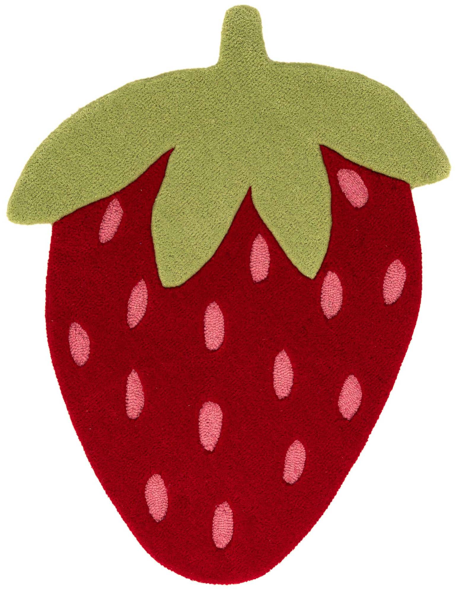 A vibrant red strawberry-shaped rug with light green leaves and pink seed details, made of wool.