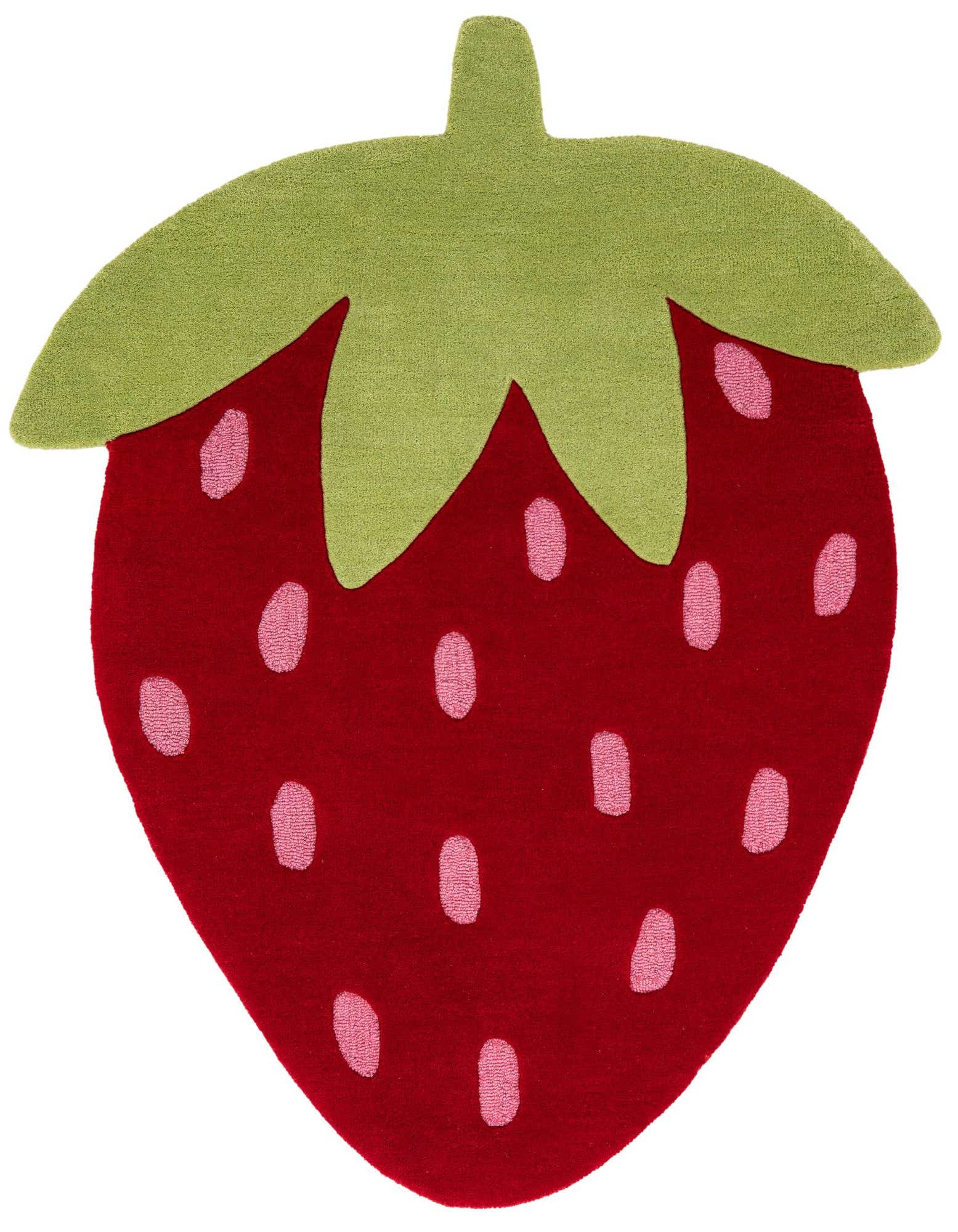 A vibrant red strawberry-shaped rug with light pink 'seeds' and a green stem, made from wool with a high pile.