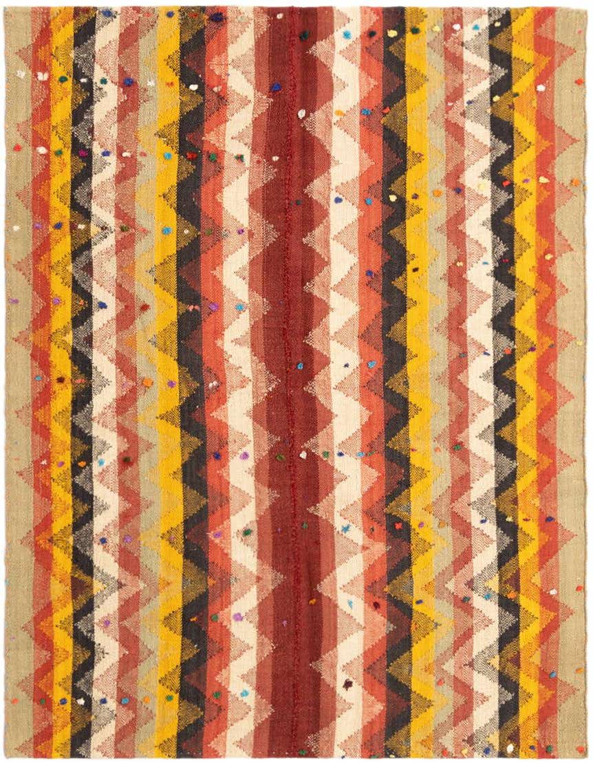 A vibrant 4' 3 x 5' 4 square Jajim rug with a Persian pattern, featuring vertical stripes of red, yellow, black, and beige zigzags, accented with colorful specks.