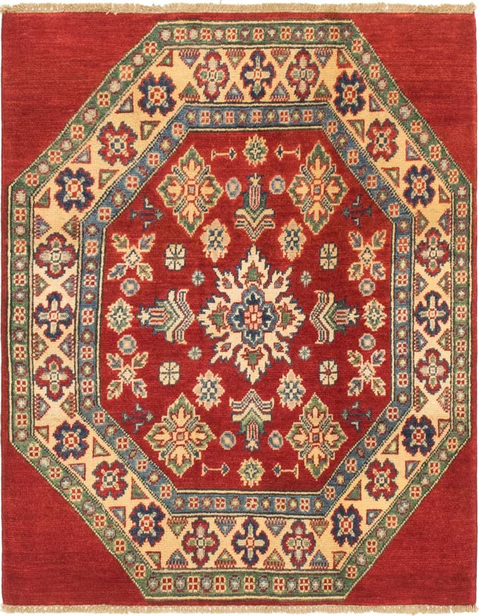 A 3' 2 x 3' 3 square red Kazak rug with an octagonal medallion and intricate floral patterns in blue, green, and cream.