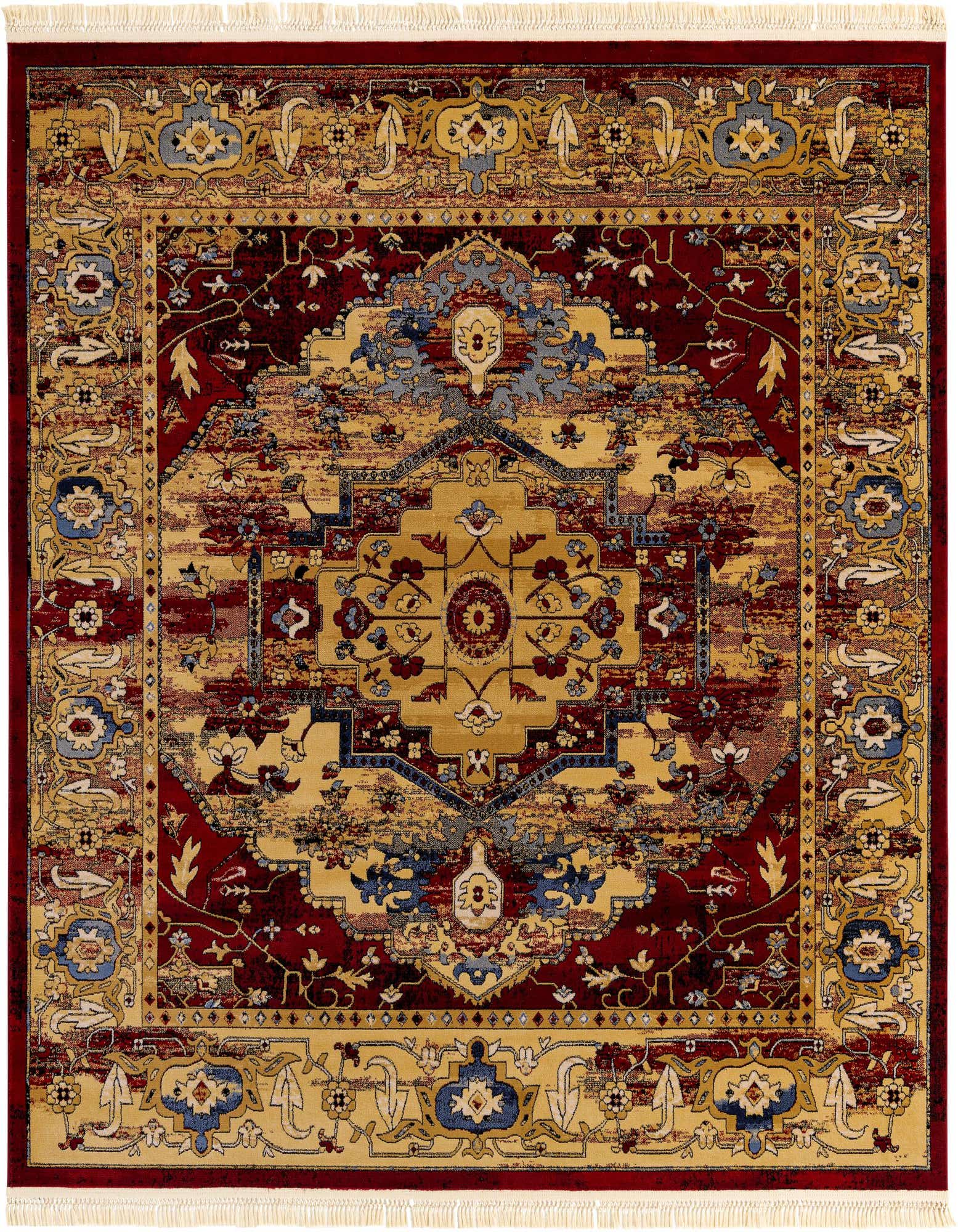 A square 8' x 8' Kennedy rug with a distressed traditional medallion pattern in shades of red, gold, and blue.