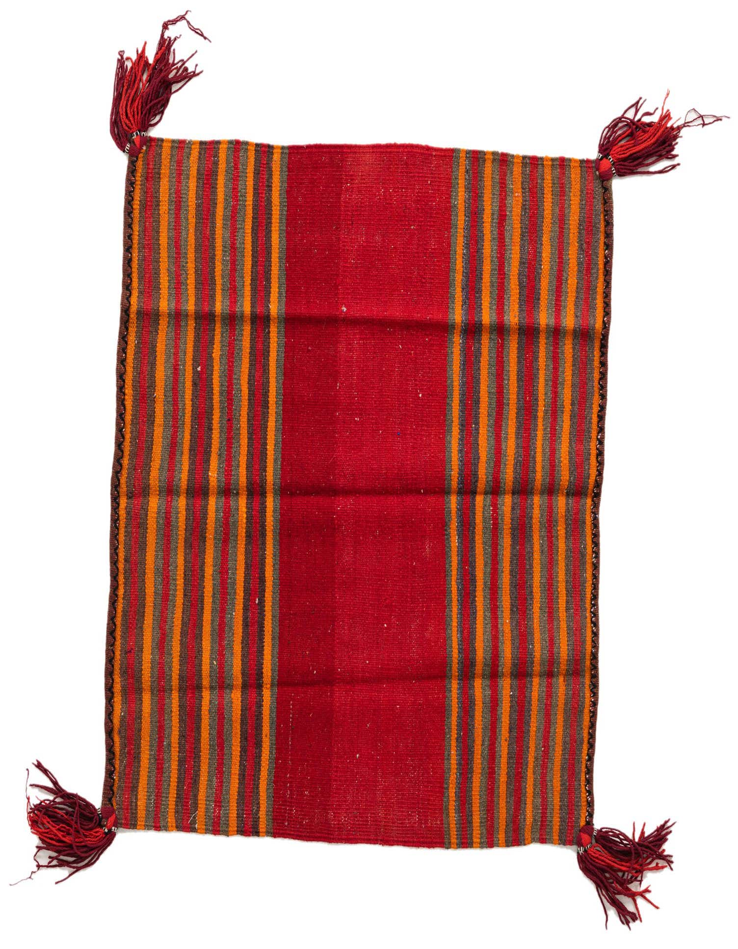 A 3' 6 x 3' 9 square Kilim Fars wool rug featuring a vibrant red center and tribal striped borders in red, orange, and gray, with red tassels at each corner.