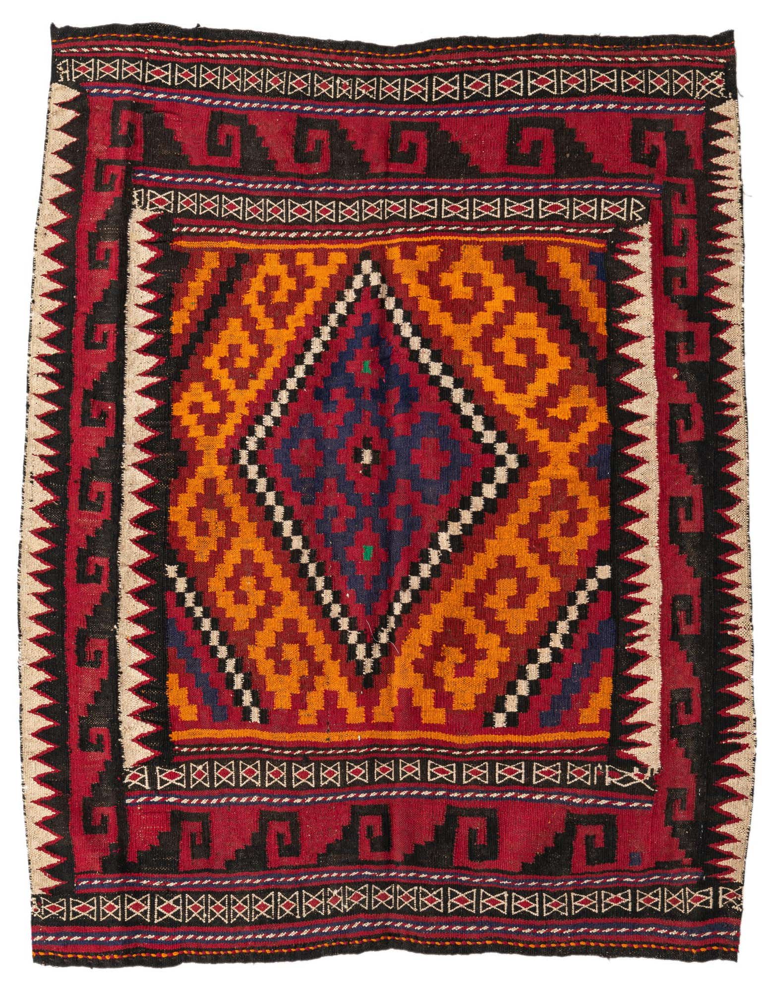 A 4' 4 x 4' 6 square Kilim Fars rug with a central blue and red medallion, surrounded by orange, red, and black tribal patterns.