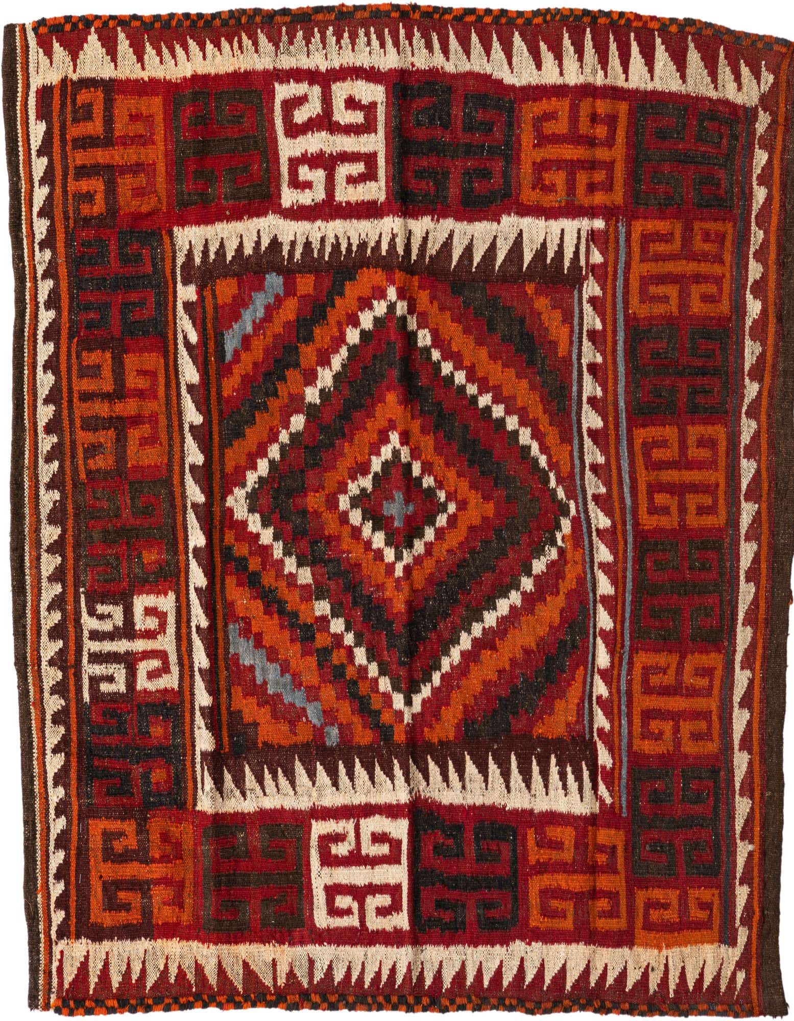A square 4' 6 x 4' 6 Kilim Fars wool rug featuring a central medallion and tribal patterns in rich reds, oranges, and dark brown.