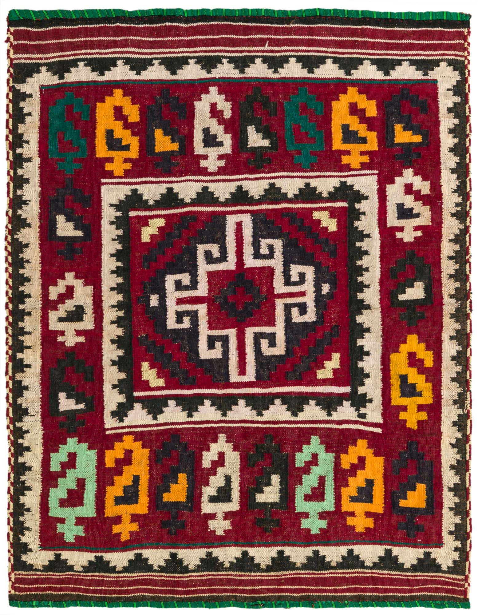 A 3' 9 x 4' 1 square Kilim Fars rug with a rich red background and intricate tribal patterns in black, white, green, and yellow.