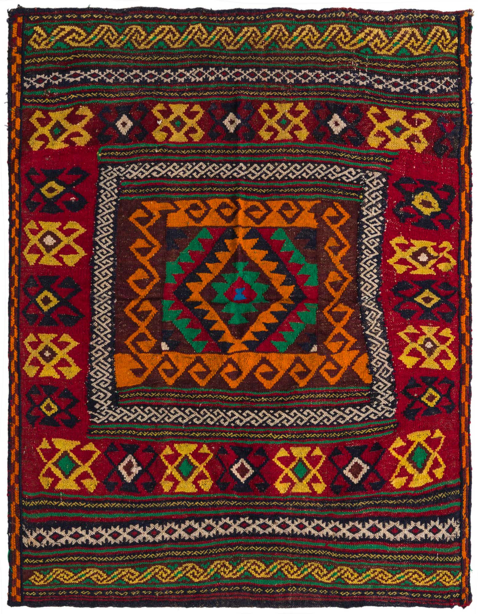 A vibrant 4'x4' red square Kilim Fars rug with a central medallion and tribal patterns in yellow, green, orange, and black.