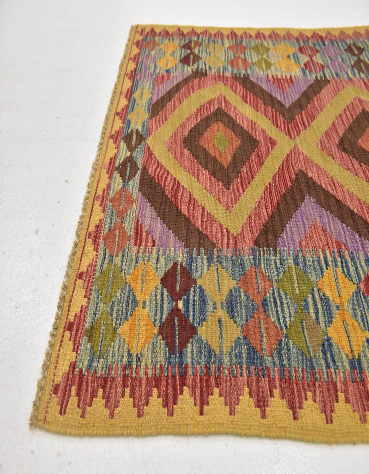 Detail image of  3' 2 x 3' 9  Hand Woven Kilim Maymana Wool Square Rug
