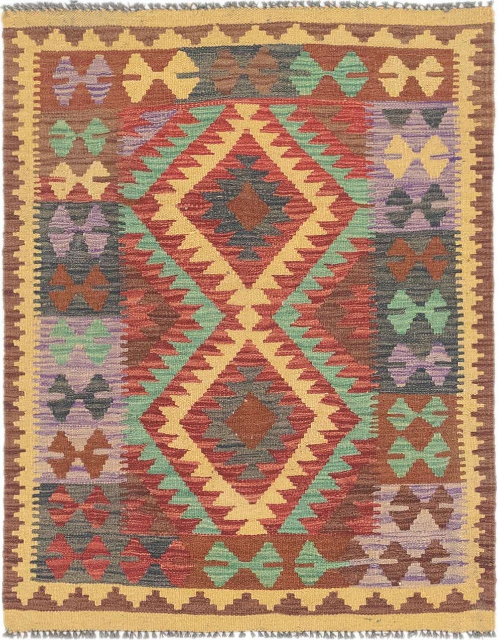 A 3'0 x 3'10 square Kilim Maymana rug featuring a vibrant Southwestern tribal pattern with red, gold, green, and purple geometric diamonds and motifs.