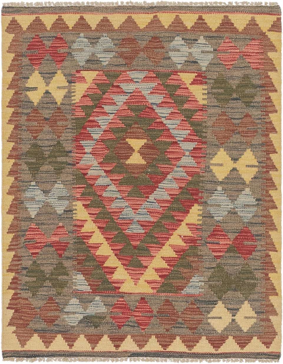 A 3' 2 x 3' 7 square Kilim Maymana wool rug featuring a tribal medallion pattern in reds, yellows, greens, and blues.