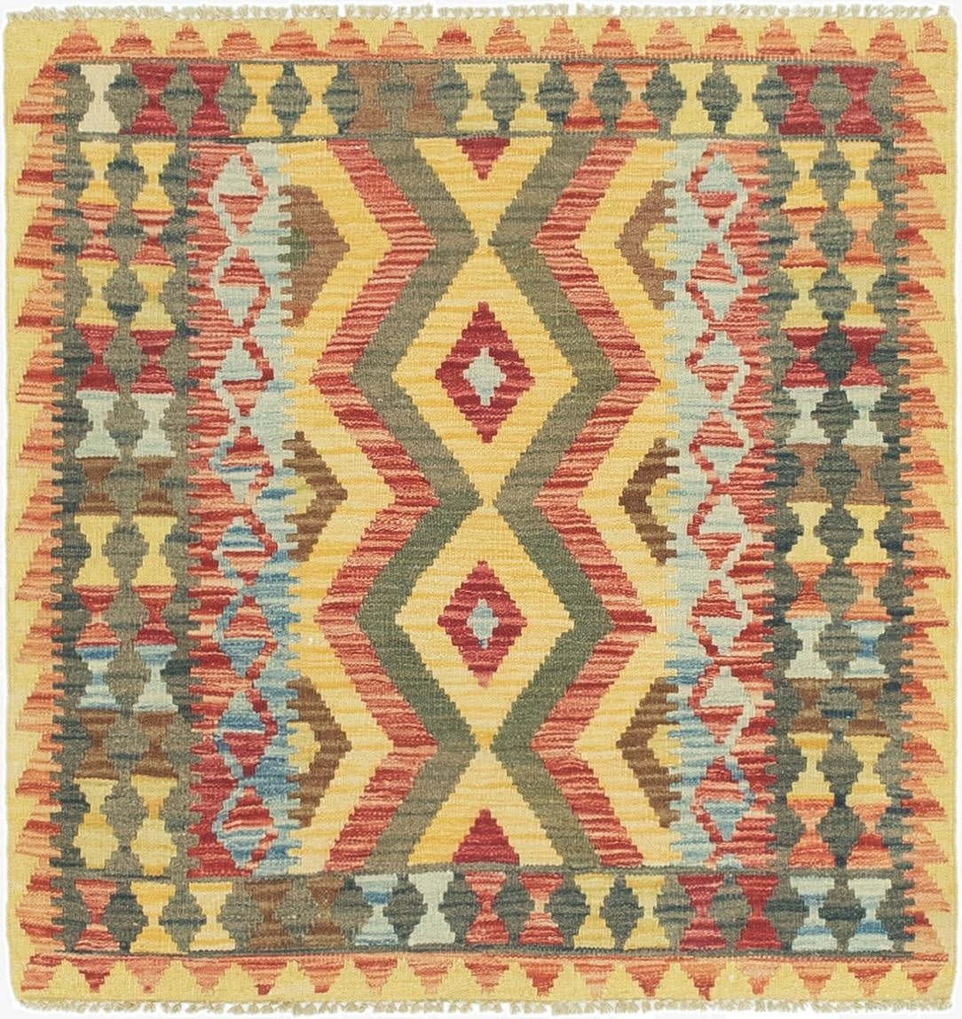  3' 3 x 3' 4  Hand Woven Kilim Maymana Wool Square Rug