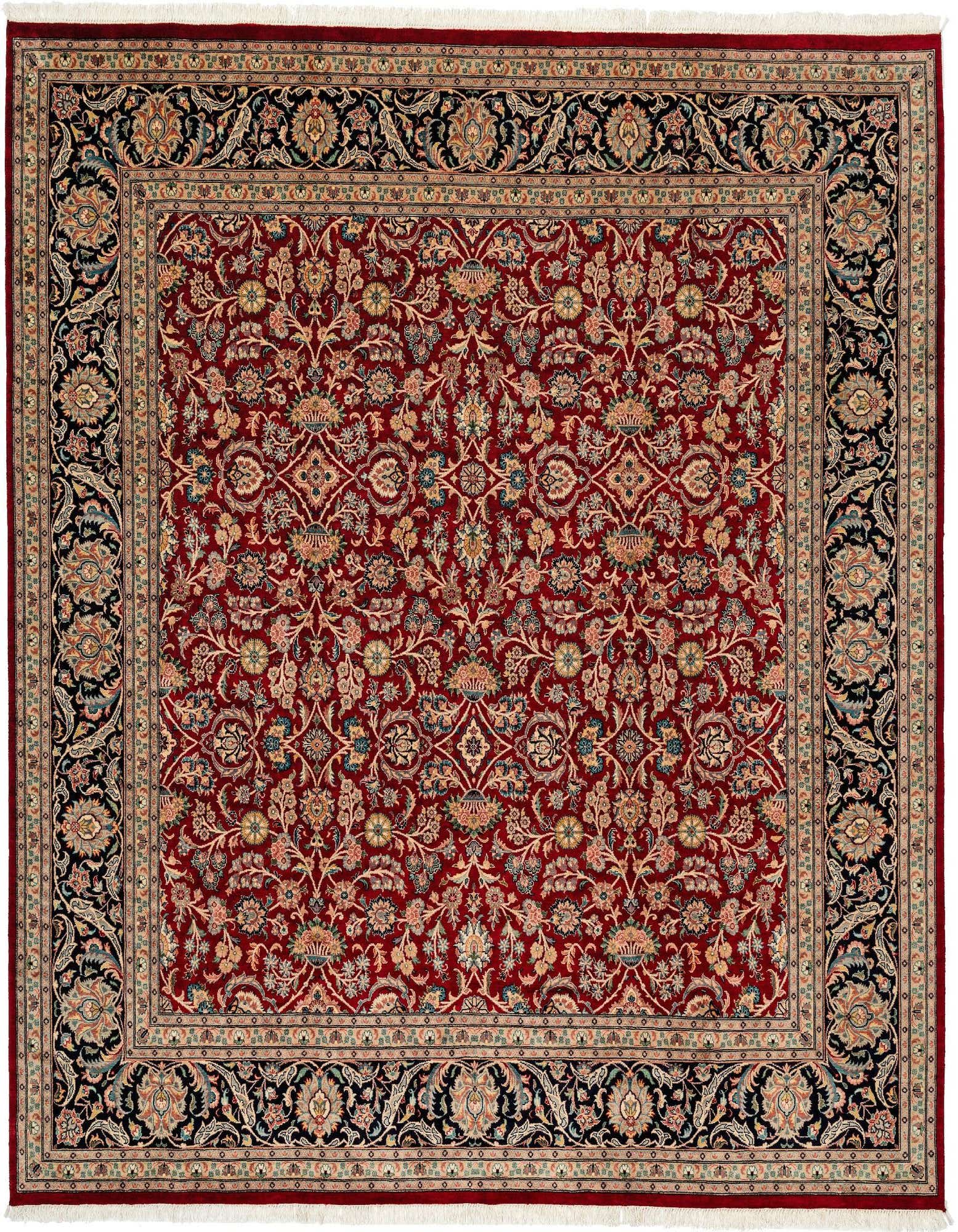 A square 8' 1 x 8' 1 Lahour Traditional rug in deep red with intricate floral patterns and a black border.