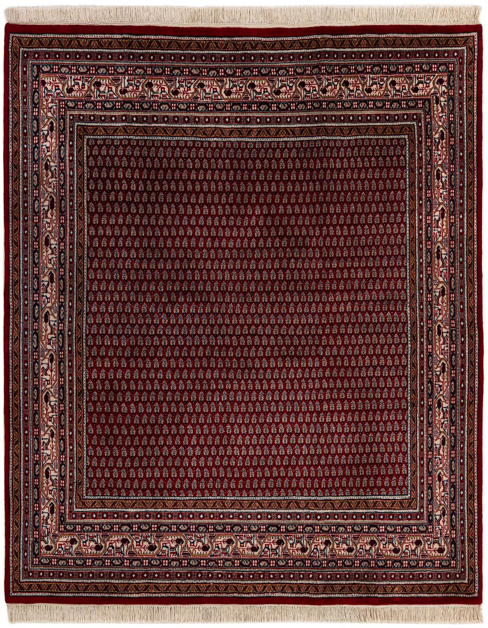 A 6' 3 x 6' 4 square Mir collection rug featuring a rich red field with intricate traditional Oriental patterns and a detailed border.
