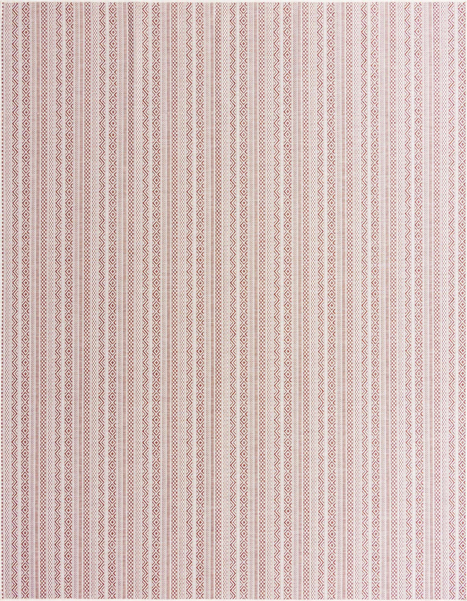 A 10'x10' square red and white tribal patterned flatweave rug, suitable for indoor or outdoor use.