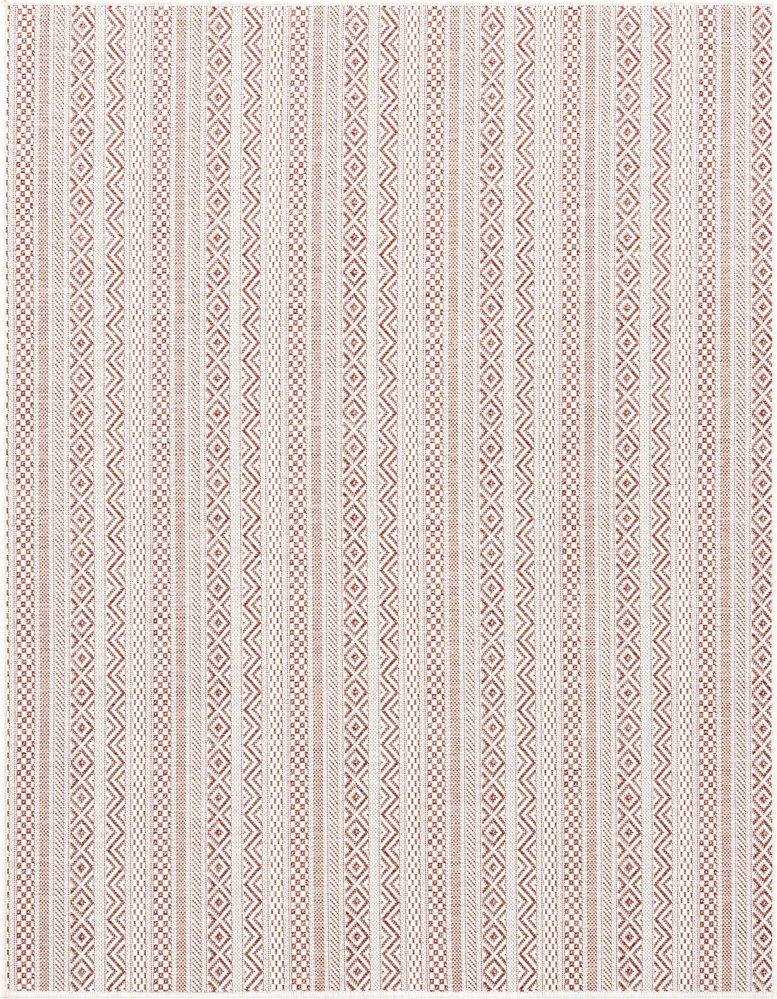 A 5' 3 x 5' 3 square red and white flatweave rug with alternating tribal and modern striped patterns, suitable for indoor or outdoor use.