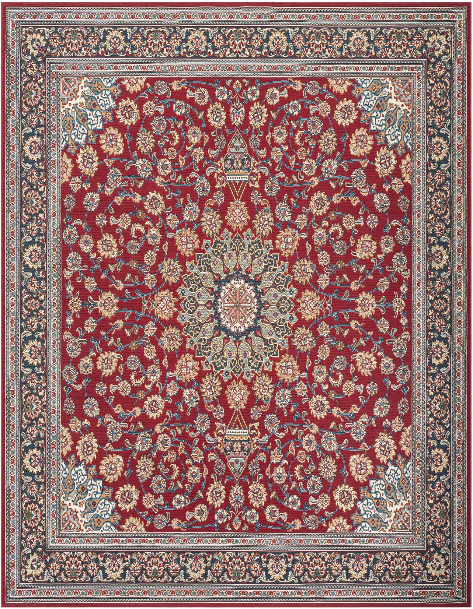 A 10'x10' square red oriental rug with a central medallion and intricate floral patterns, ideal for a patio.