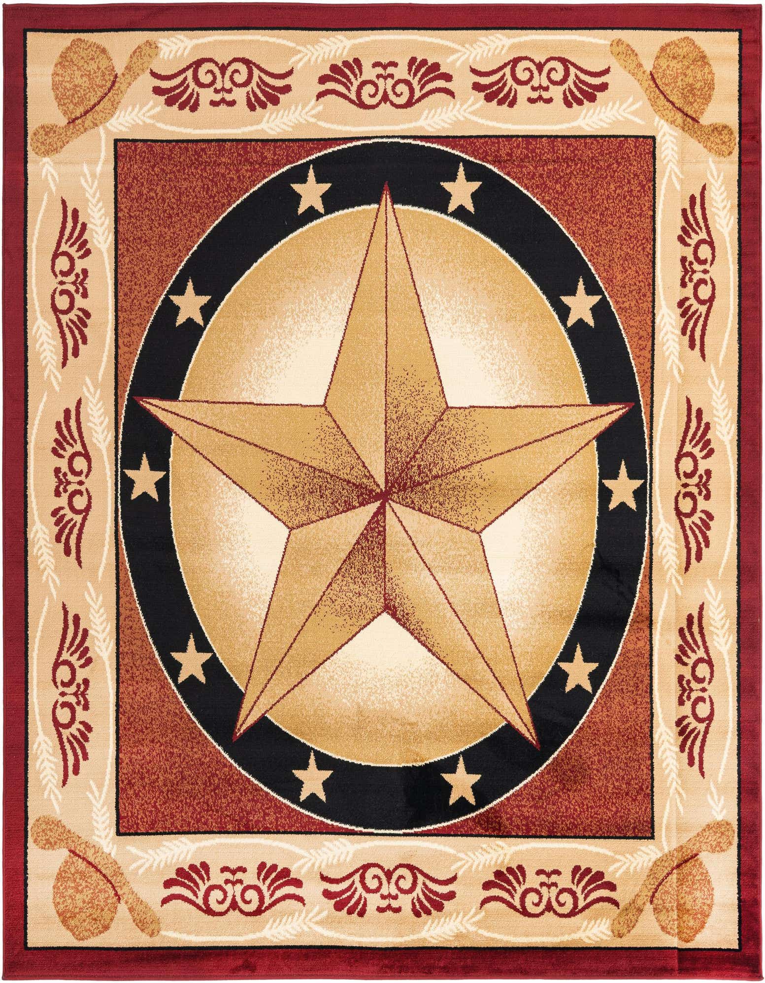 A rustic square rug featuring a large gold star medallion on a black and beige circle, surrounded by a red and beige border with cowboy hats and scrollwork.