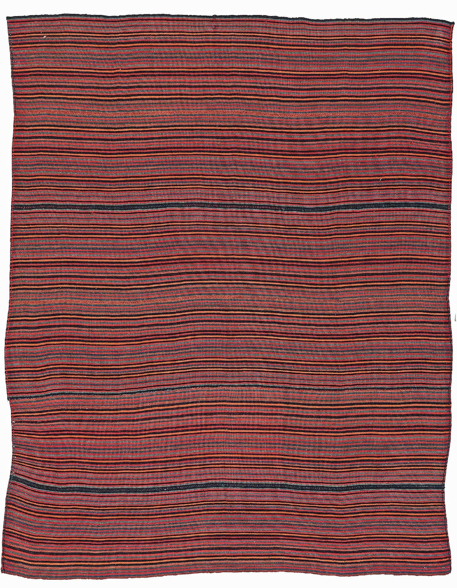 A 6' 1 x 6' 4 square Shashavan wool rug featuring thin horizontal stripes in various shades of red, orange, and black.