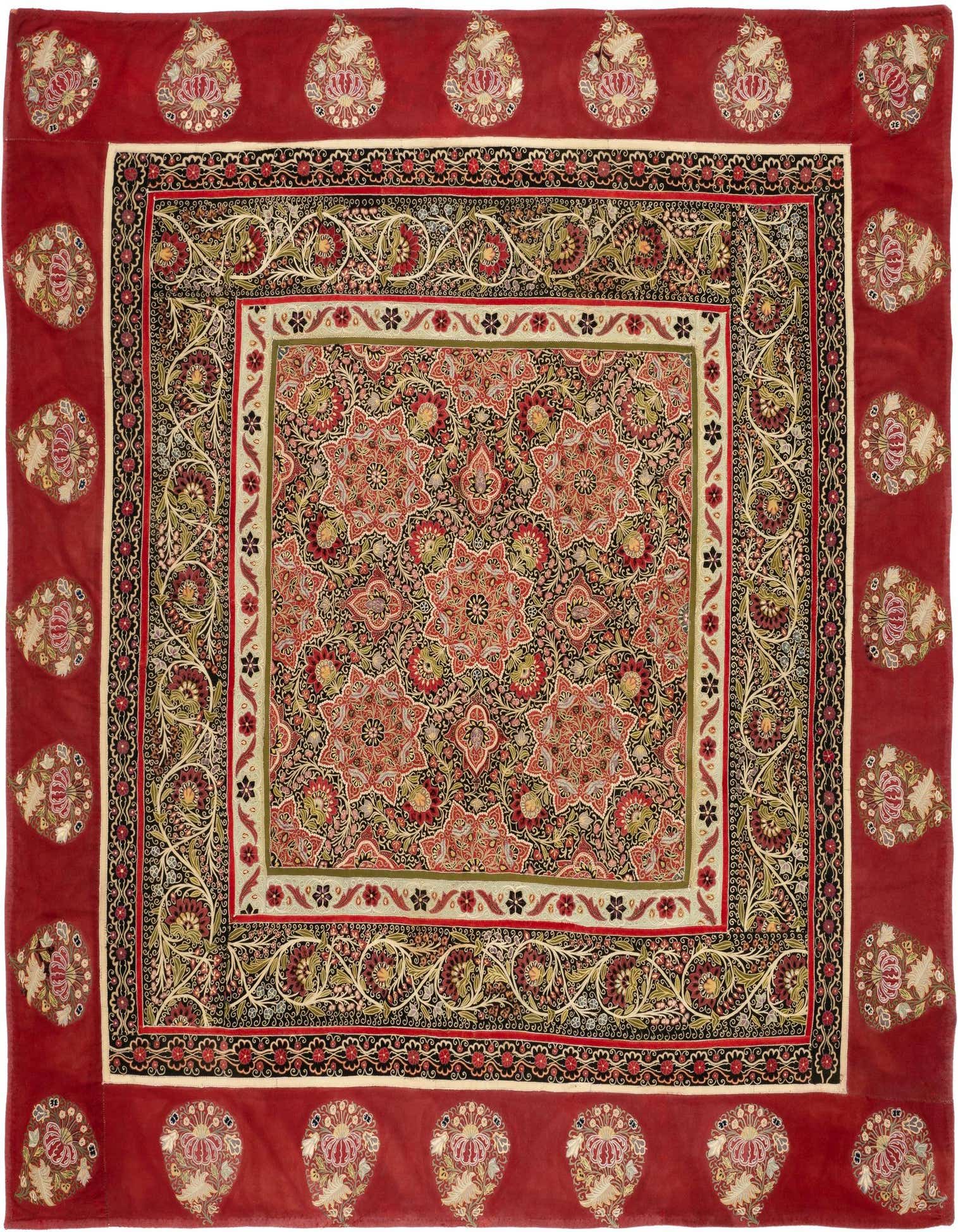A square 6' 2 x 6' 3 red Persian rug with intricate floral and medallion patterns in black, gold, and green.