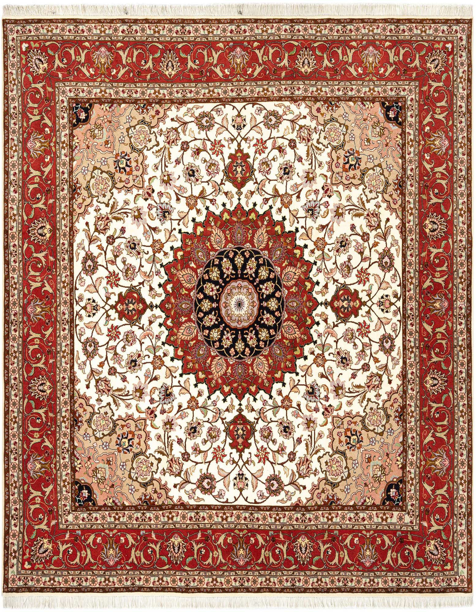 A square 6' 9 x 7' 0 Persian rug featuring a central medallion and intricate floral patterns in red, cream, and black.