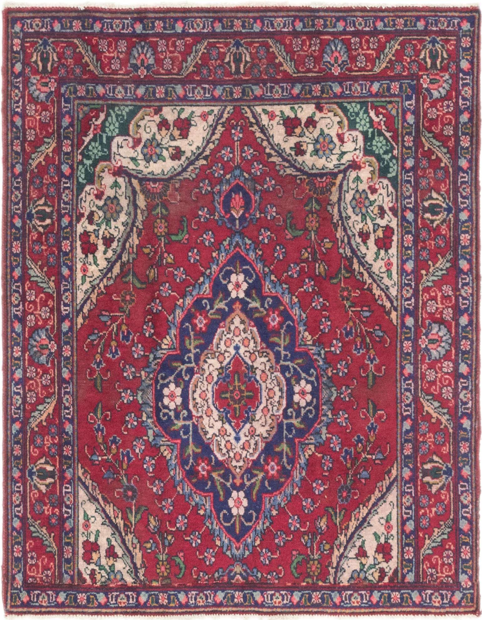 A square 4' 7 x 5' 0 red traditional wool rug with a central medallion and botanical patterns.