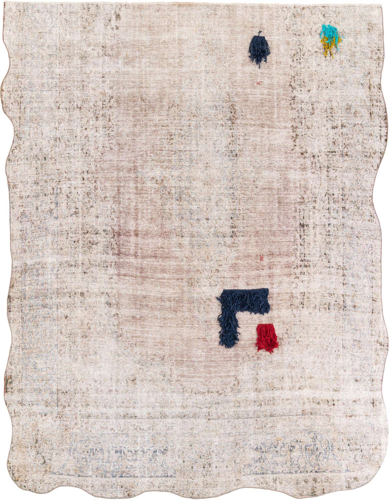 A large, square 8' 10 x 9' 6 Ultra Vintage rug with a distressed red and beige Persian pattern, featuring modern abstract blue, red, and yellow tufts.