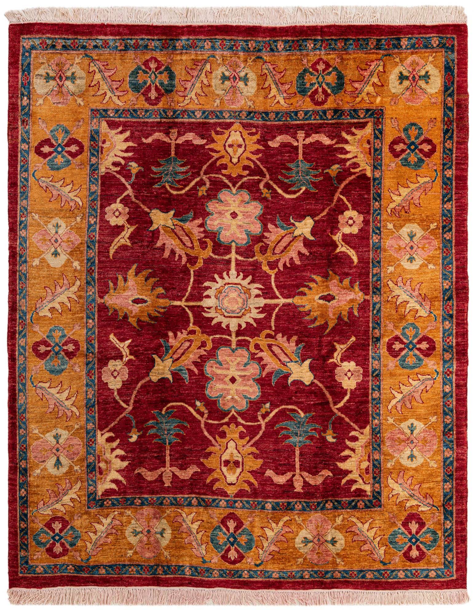 A 6' 1 x 6' 6 square red wool rug with an intricate oriental floral pattern and a golden-orange border.