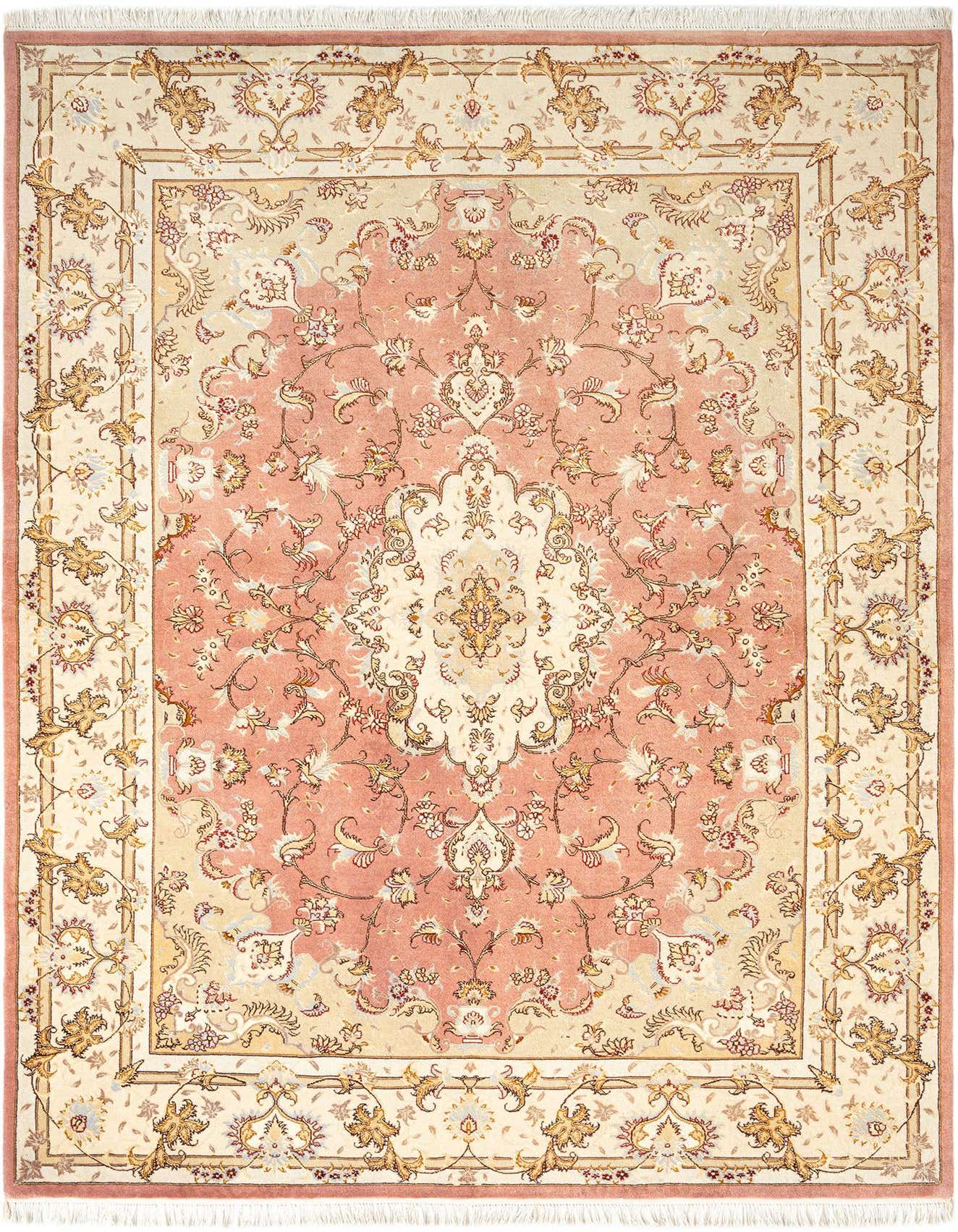 A 5x8 rectangular Persian Tabriz rug in rosa, cream, and gold, featuring a central medallion and intricate floral patterns.