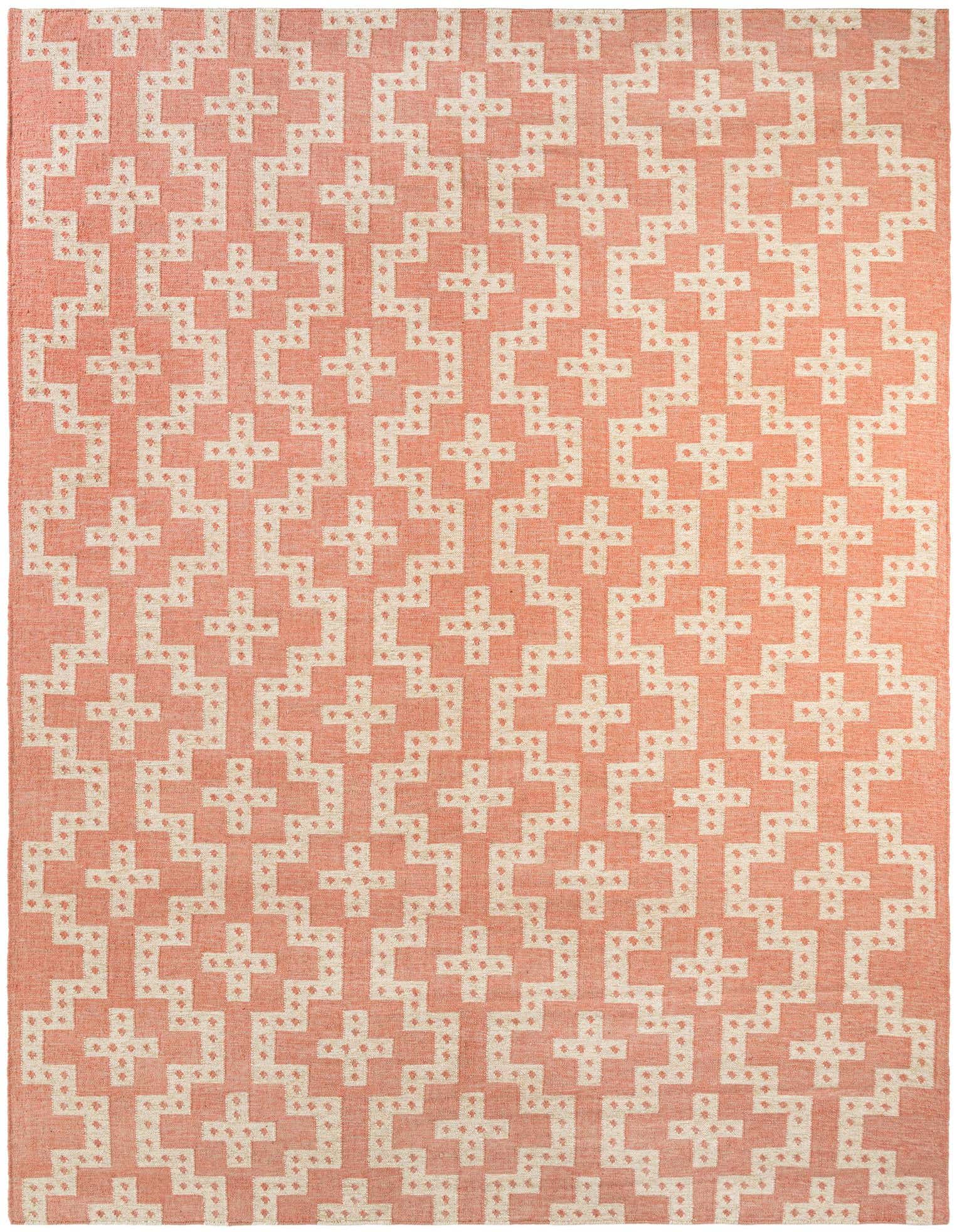 A 10x14 rectangular red and cream tribal patterned wool rug with a modern geometric design, suitable for indoor spaces.