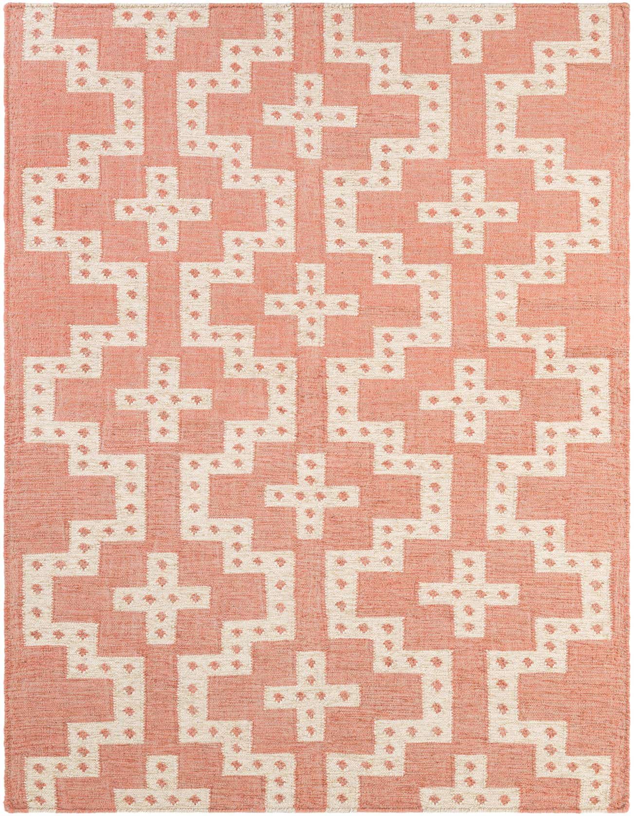 A 5x8 rectangular Kilim Wool rug featuring a tribal geometric pattern in red and off-white, ideal for a living room.
